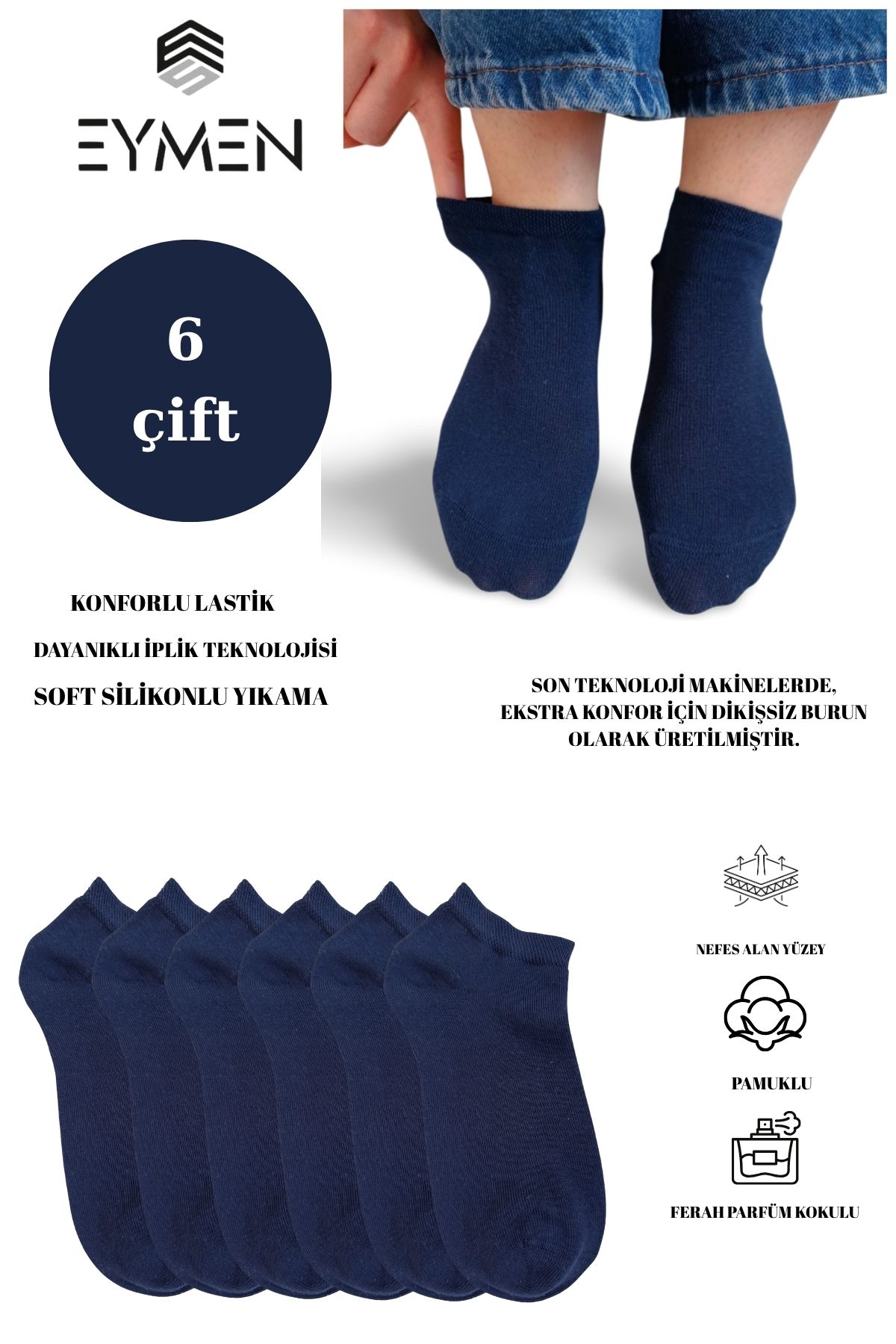 Eymen Socks Unisex Patik Çorap 6'lı Paket – Pamuklu, Kuşaklı, Kadın Erkek Kullanıma Uygun