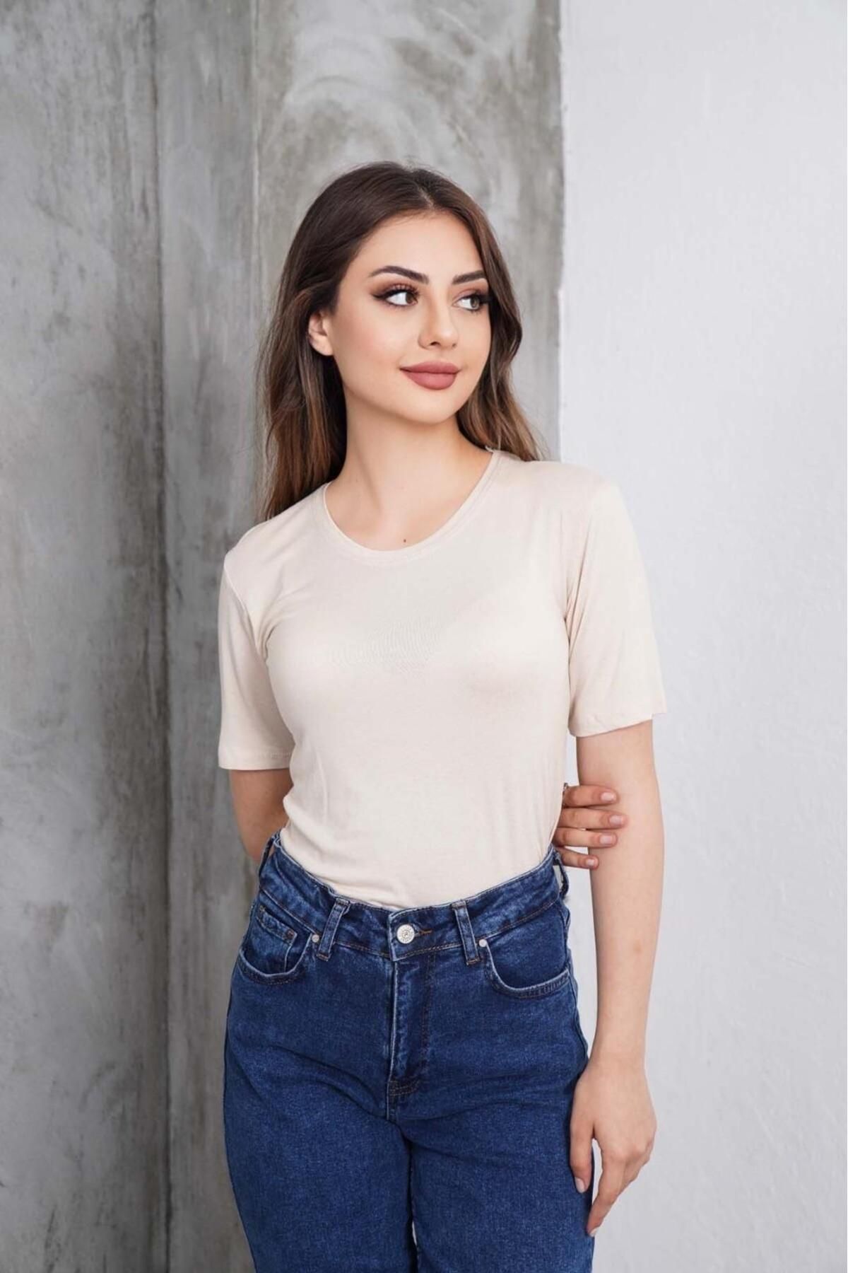 bykombincim Kadın %100 VİSKON Bisiklet yaka Kısa Kollu Likralı Slim Fit Body