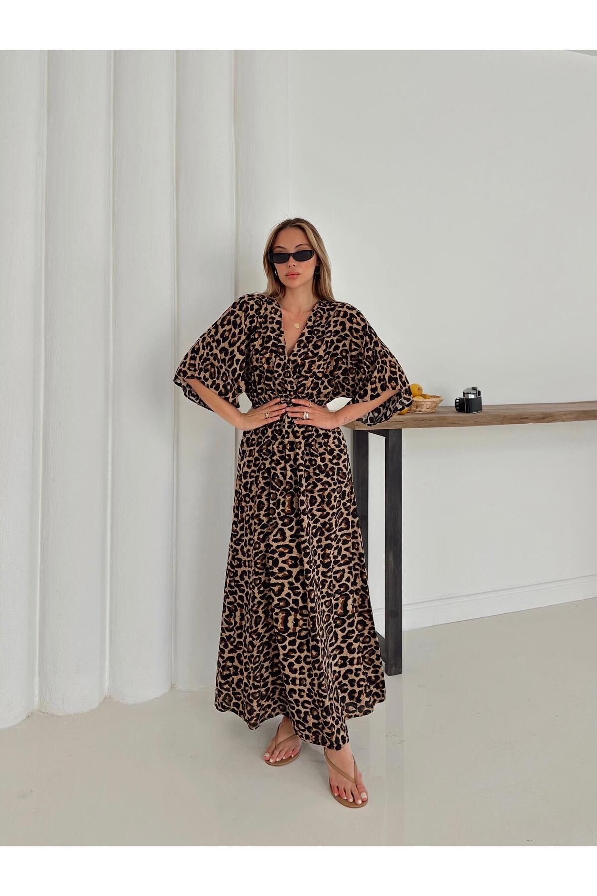 MODA Leopar Desen Kruvaze Yaka Salaş Elbise