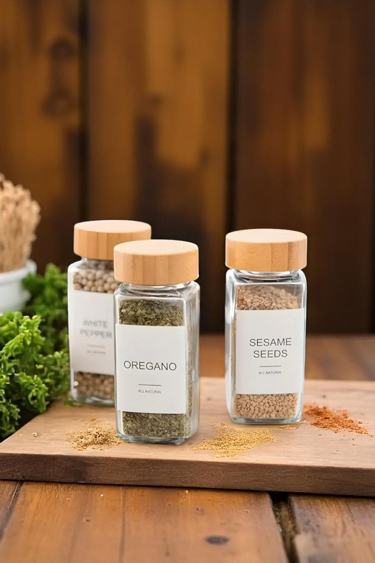 LUMİNA 1 Adet Bambu Baharatlık Cam Baharat Kavanozu Bambu Kapaklı Kavanoz Serpme Başlıklı Baharatlık 130 ml