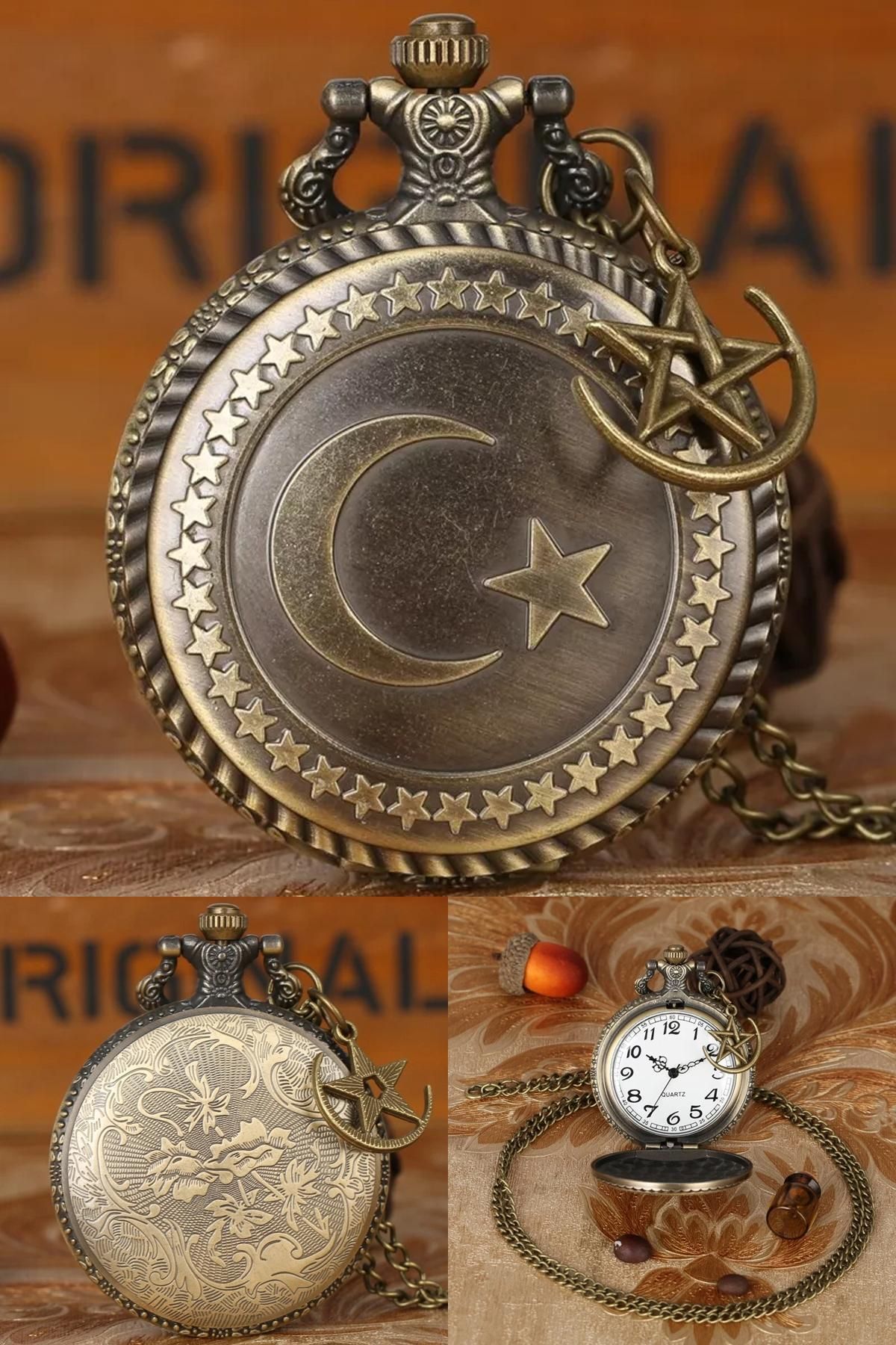 Midday Ay Yıldız Eskitme Retro Tasarımlı Osmanlı Köstekli Cep Saati Ay Yıldız Desenli Zincirli Quartz Model
