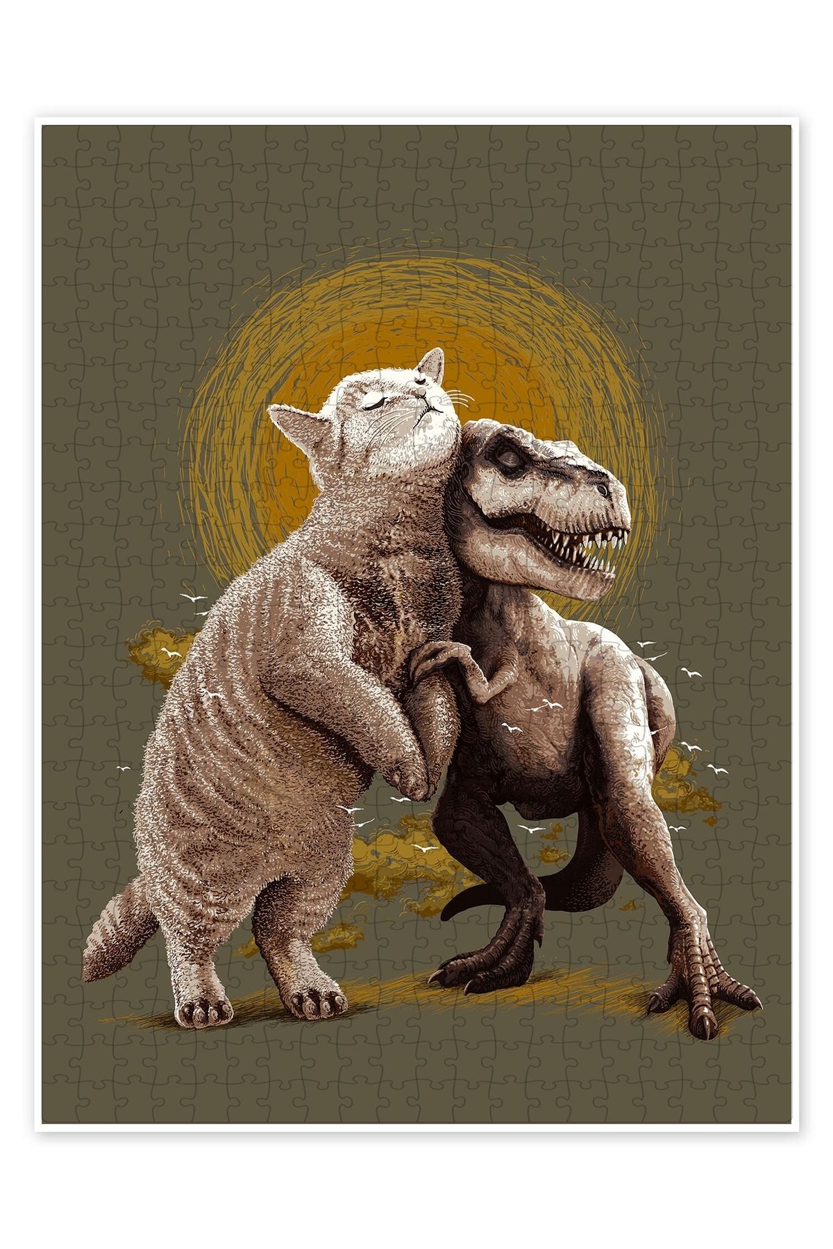 Jeronkarji Kedi ve T-Rex 500 Parça Puzzle Yapboz Kedi Köpek Temalı Doğa ve Orman Hayvanları