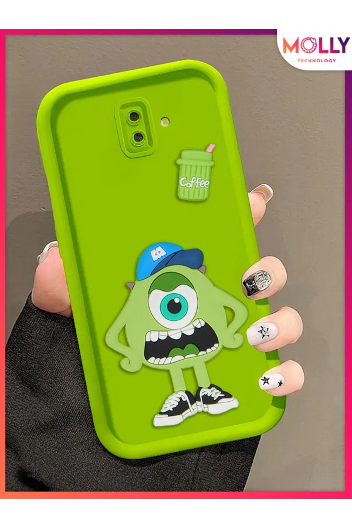 Molly Samsung Galaxy J6 PLUS Için Yeşil Kenarları Kalın 3d Kabartmalı Sevimli Canavar Mike Silikon Kılıf