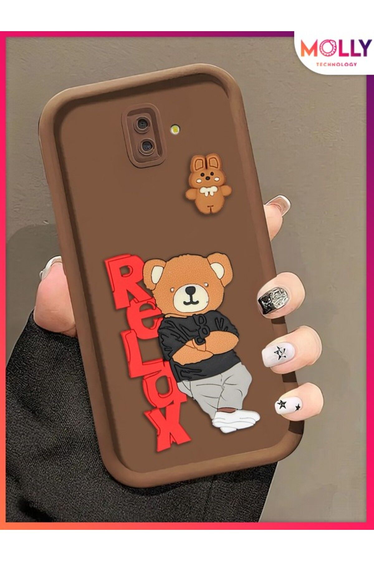 Molly Samsung Galaxy J6 PLUS İçin Fallow Brown Kenarları Kalın 3d Kabartmalı Teddy Bear Silikon Kılıf