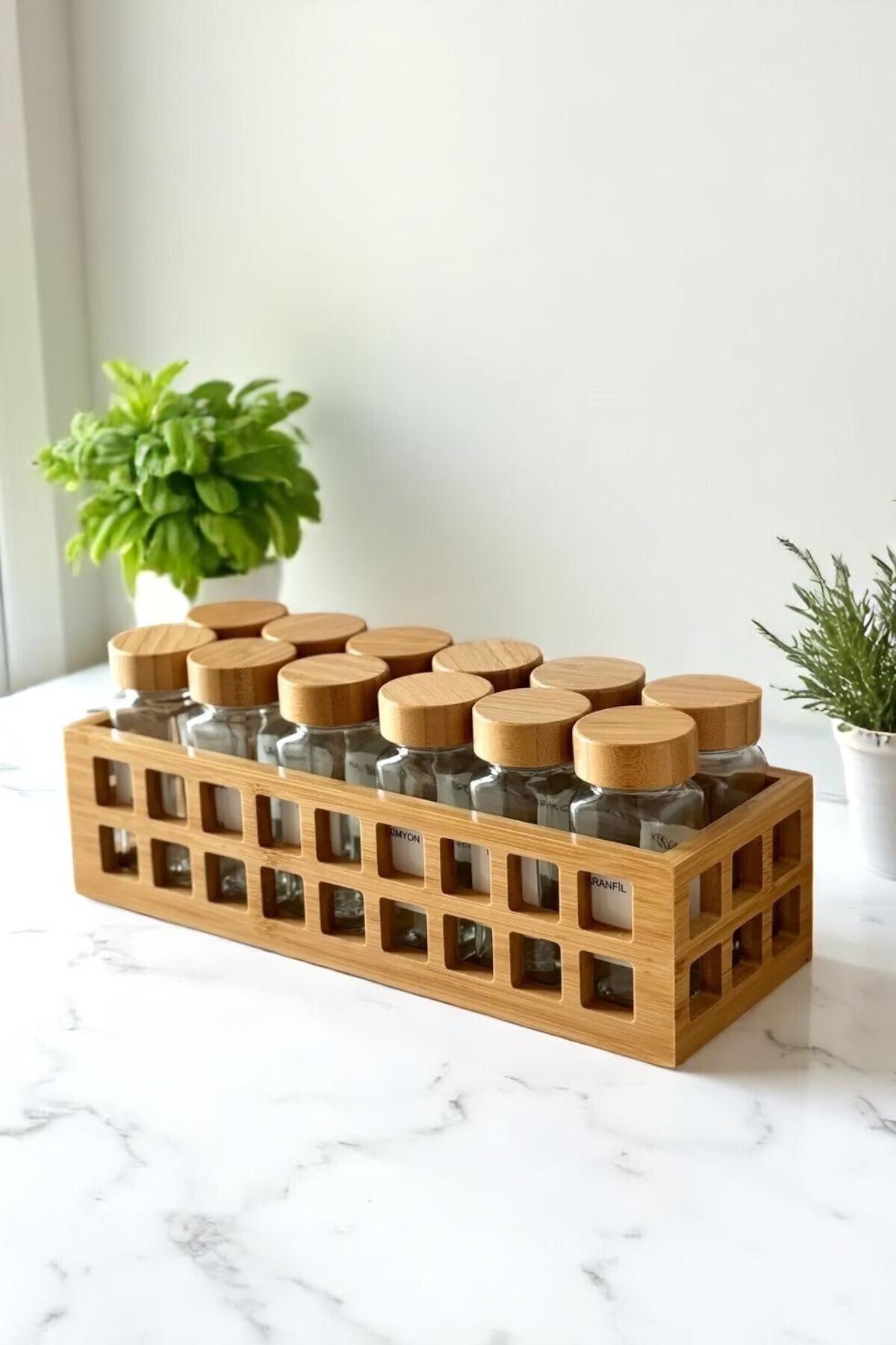 LUMİNA-Set of 12 Bamboo Spice Racks with Bamboo Stand and Bamboo Lids – with Labels 5