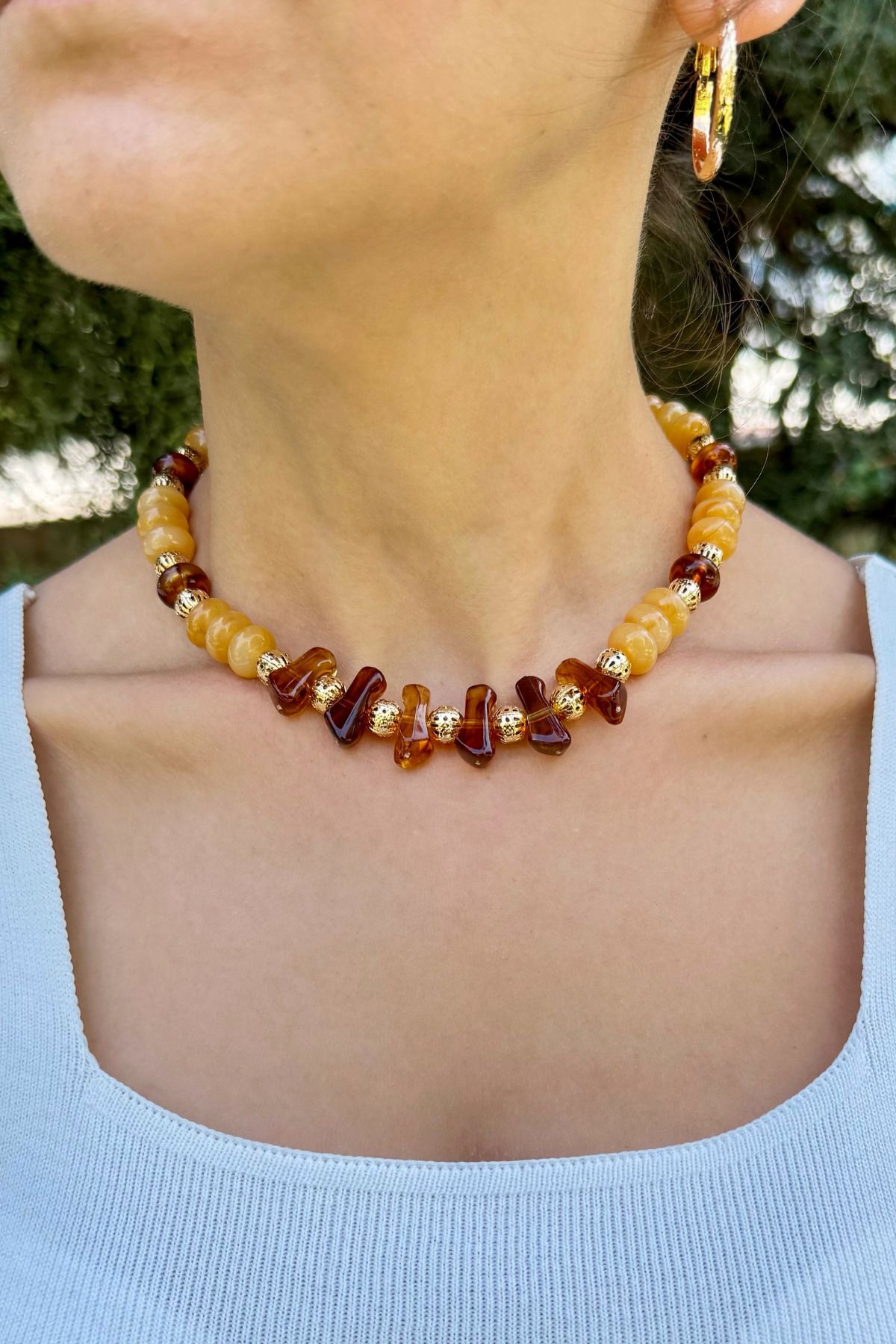 EST Aksesuar Amber Zarafeti Oval ve Fildişi Kesim Kehribar Doğal Taş Kolye El Yapımı
