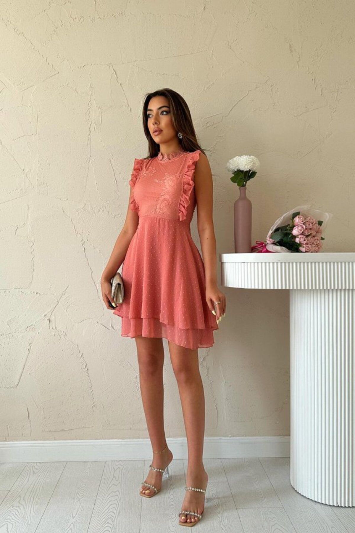 velmorafashion Pudra Çiçek Desenli Elbise