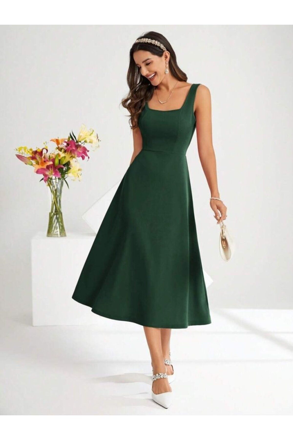 velmorafashion Kadın Askılı Kare Yakalı Midi Ithal Krep Elbise