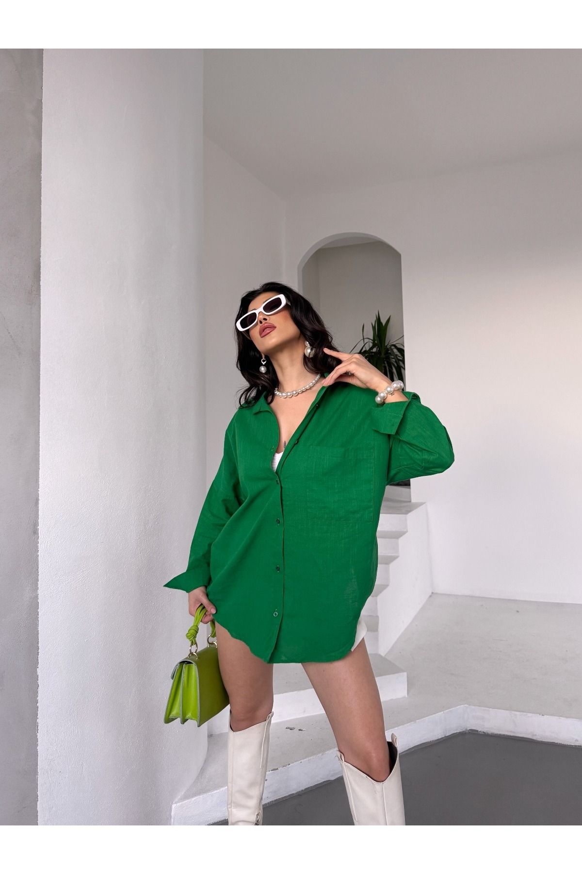 DAFFODİL Flamlı Keten Tek Cep Oversized Gömlek