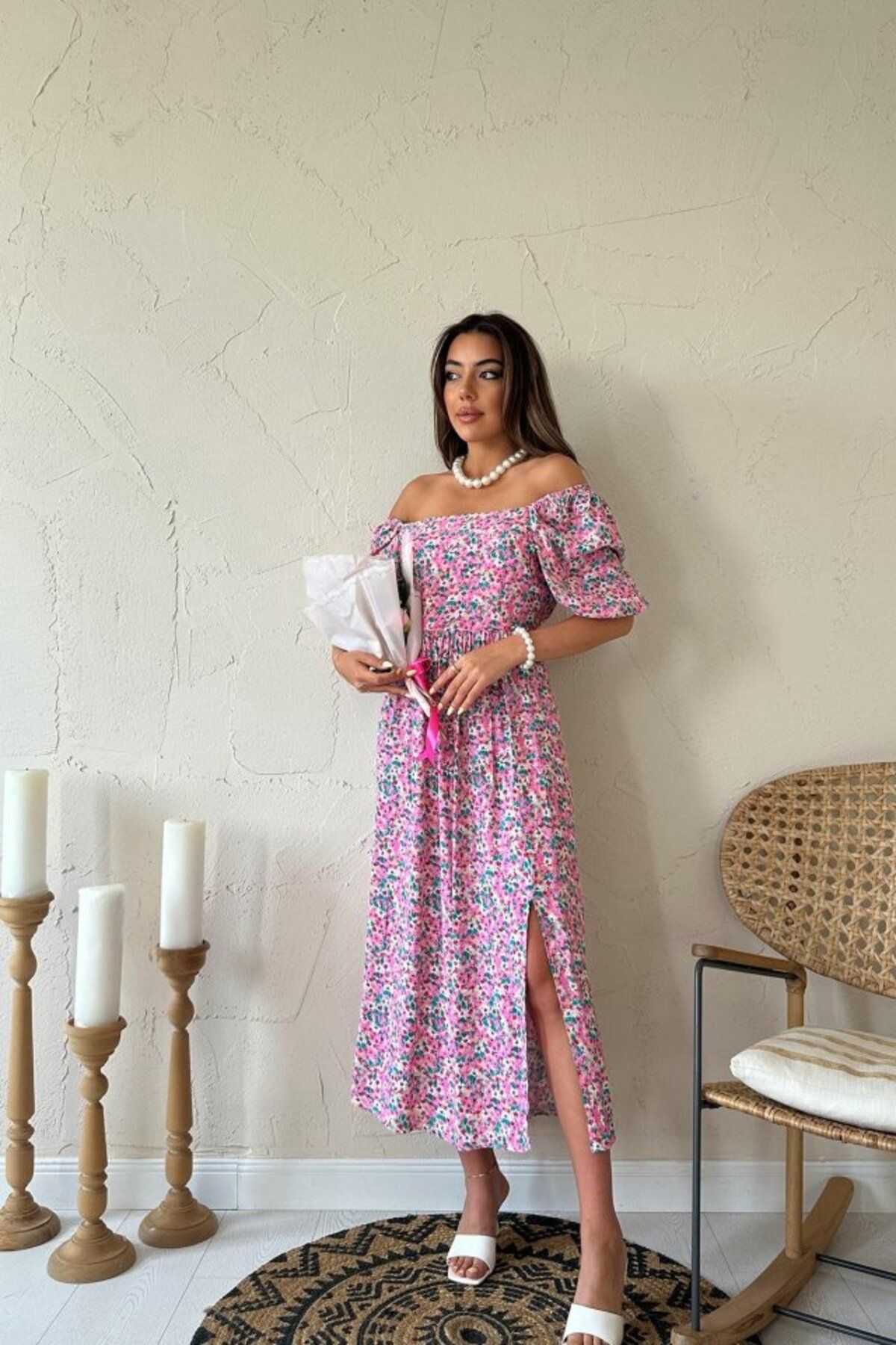 velmorafashion Fuşya Çiçek Desenli Elbise