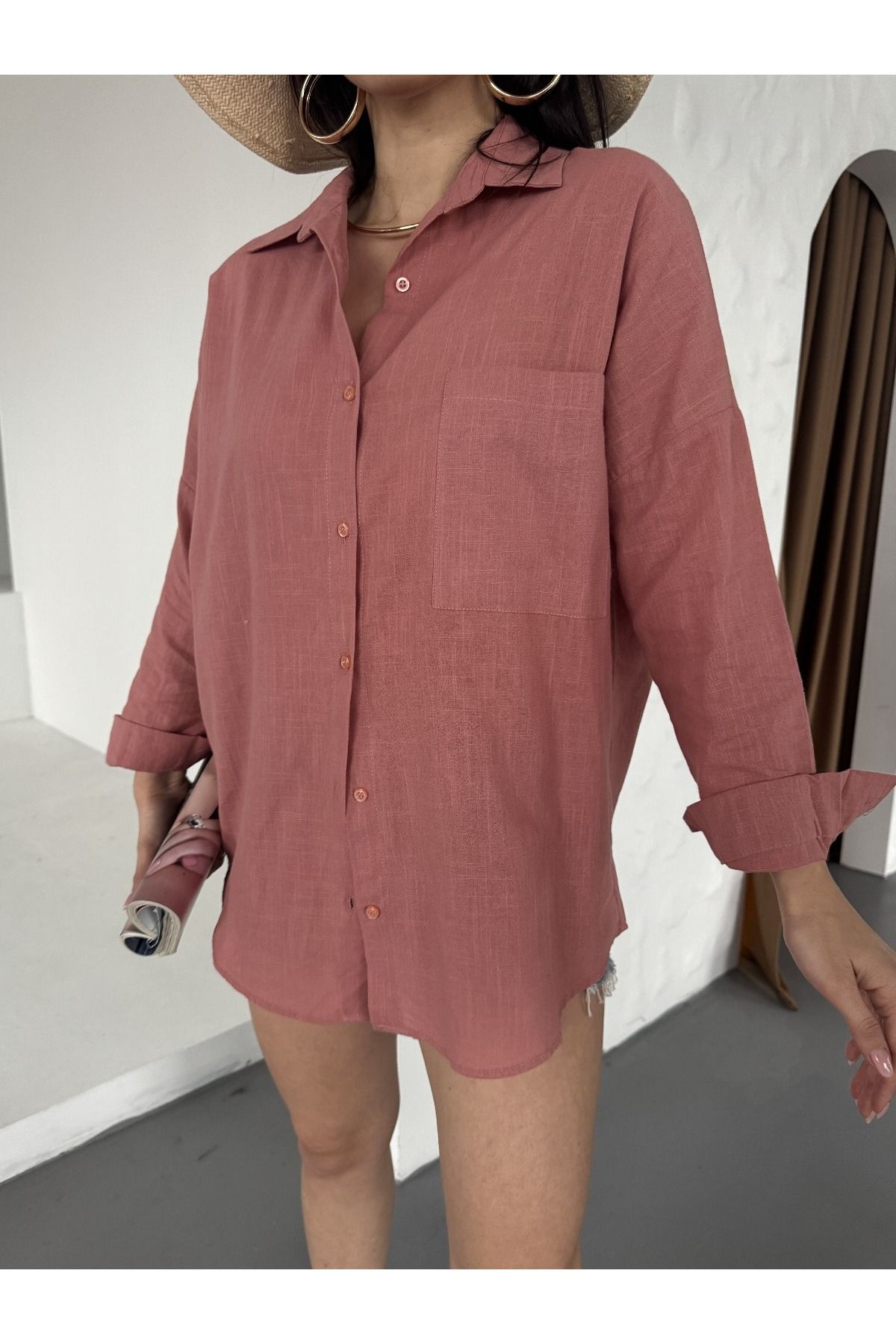 DAFFODİL Flamlı Keten Tek Cep Oversized Gömlek