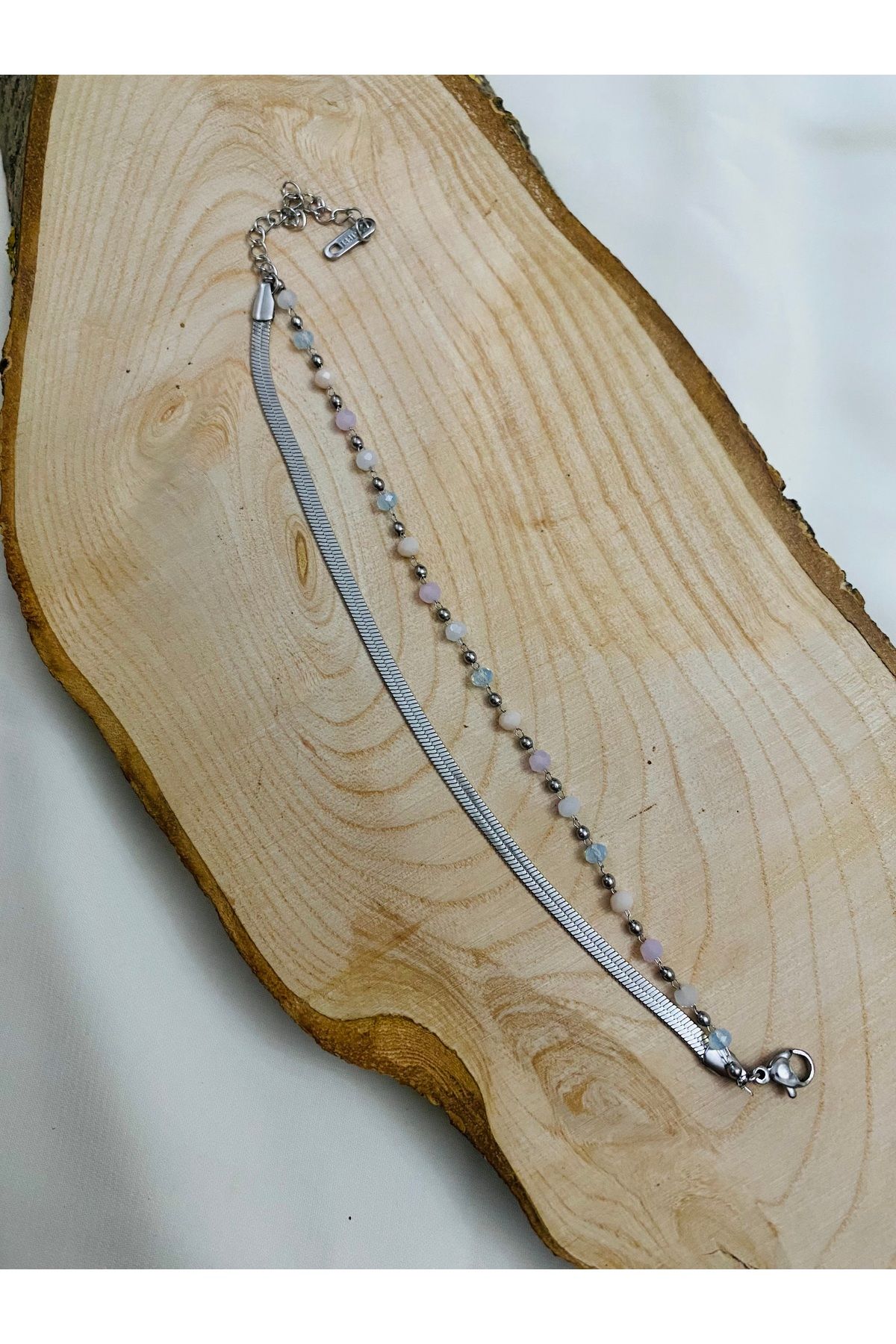 asem jewelry YILAN ZİNCİR VE PASTEL RENK BONCUKLU ÇELİK BİLEKLİK