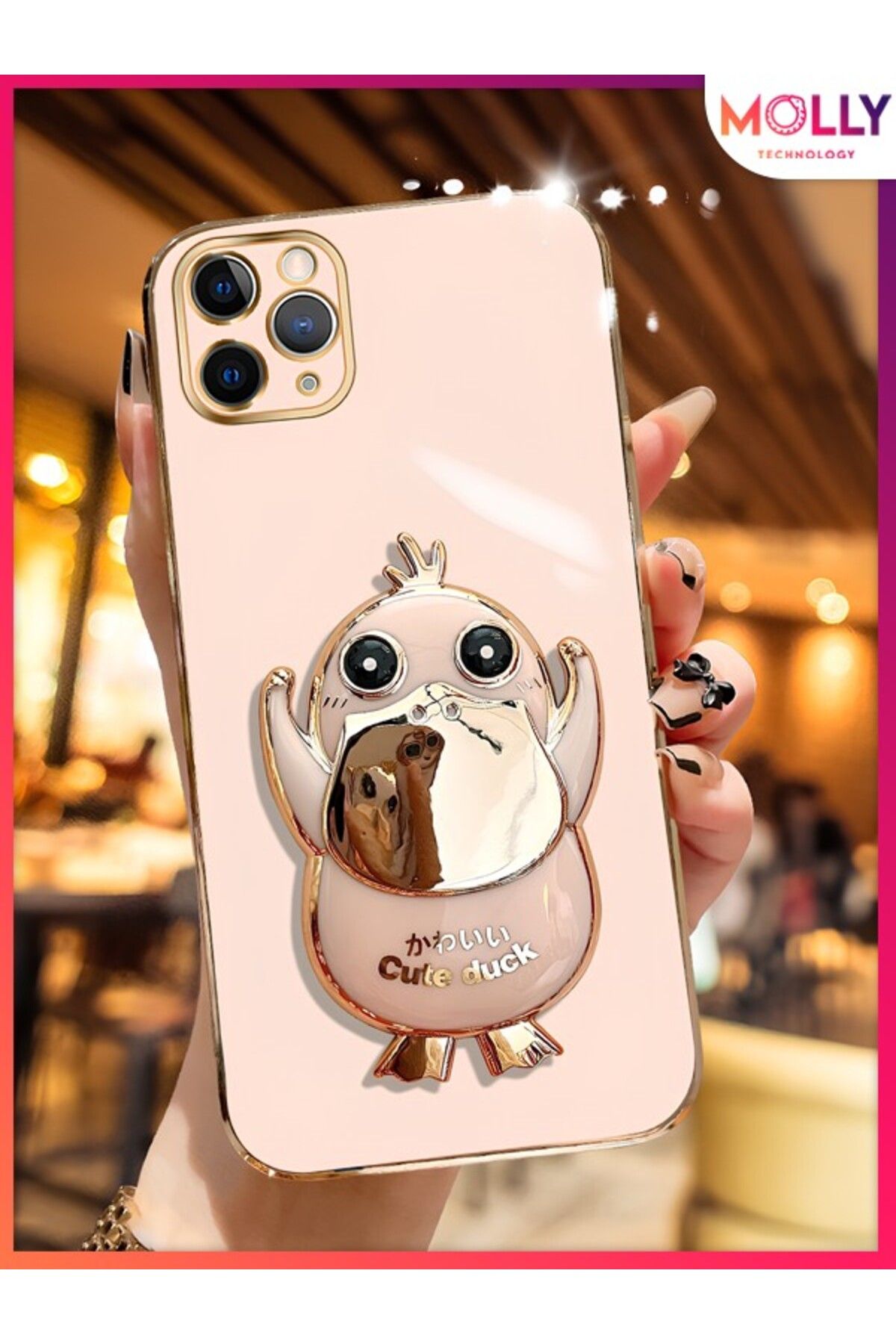 Molly iPhone 11 PRO MAX İçin Lila Sevimli Ördek Standlı Kenarları Gold Detaylı Lüks Silikon Kılıf