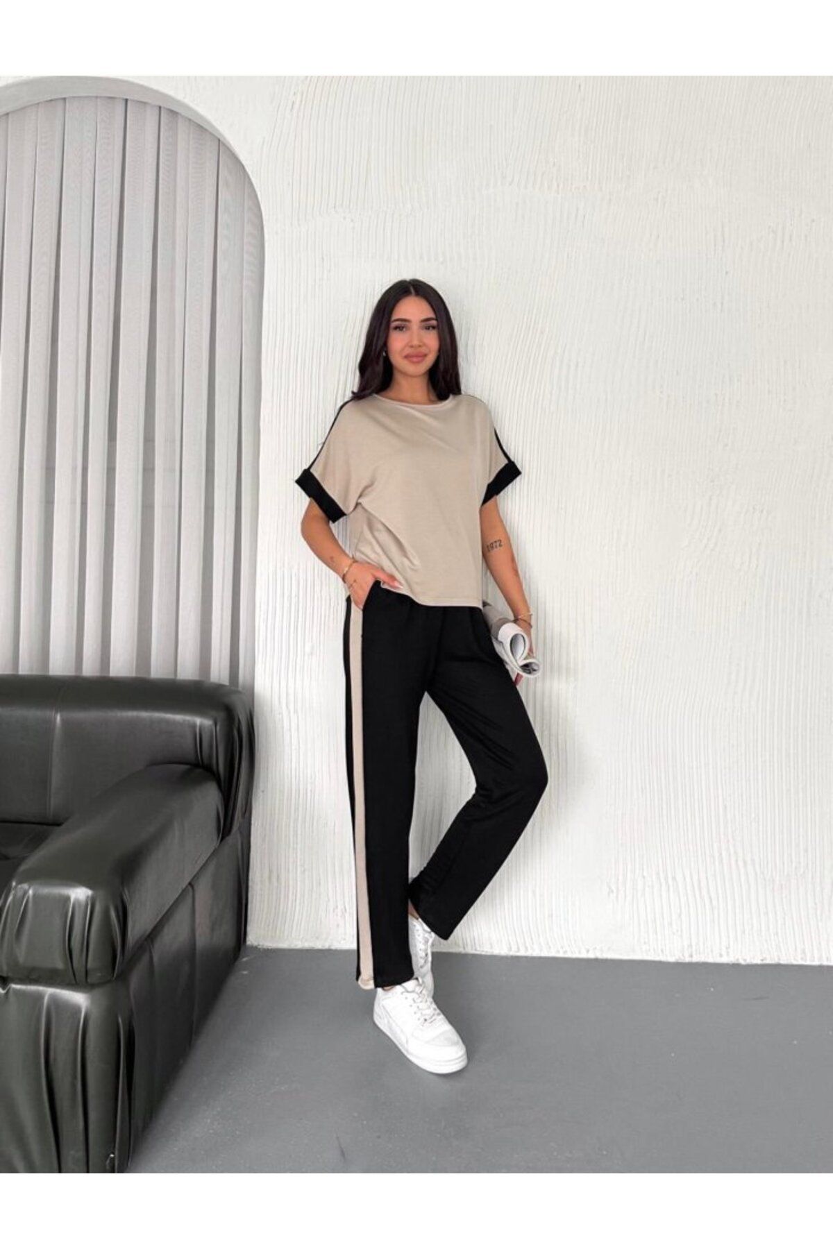 velmorafashion Kadın Modal Dokulu Kumaş Yanı Şeritli Takım