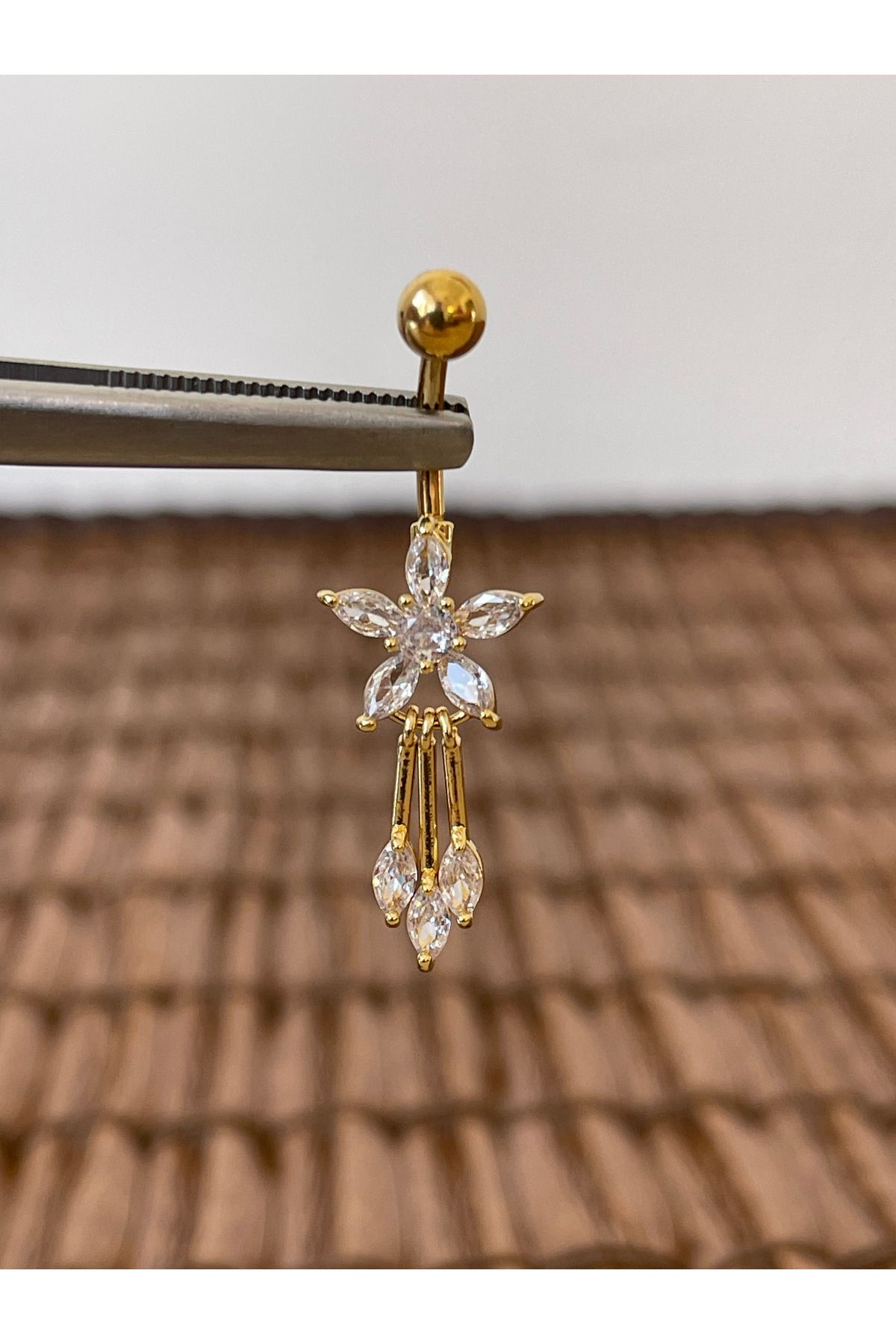 Rupen Kraft 316 L Cerrahi Çelik Anti Alerjik 10 mm Zirkon Taşlı Sallantılı Çiçek Model Göbek Piercingi