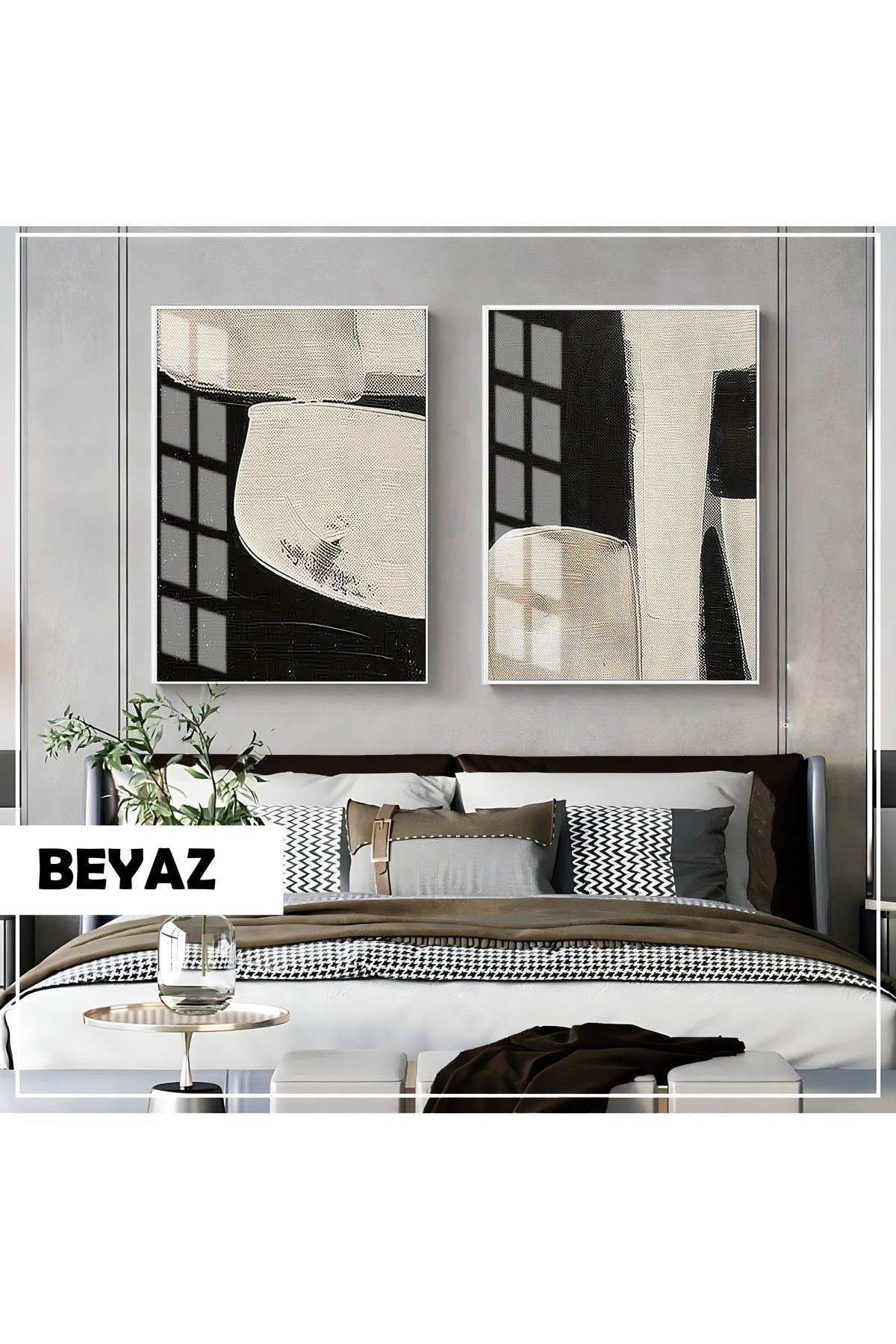 Harikabirev HARİKABİREV|SOYUT|SİYAH-KREM SOFT ABSTRACT KOMBİN|ÇERÇEVELİ CAM TABLO 2Lİ DİKEY