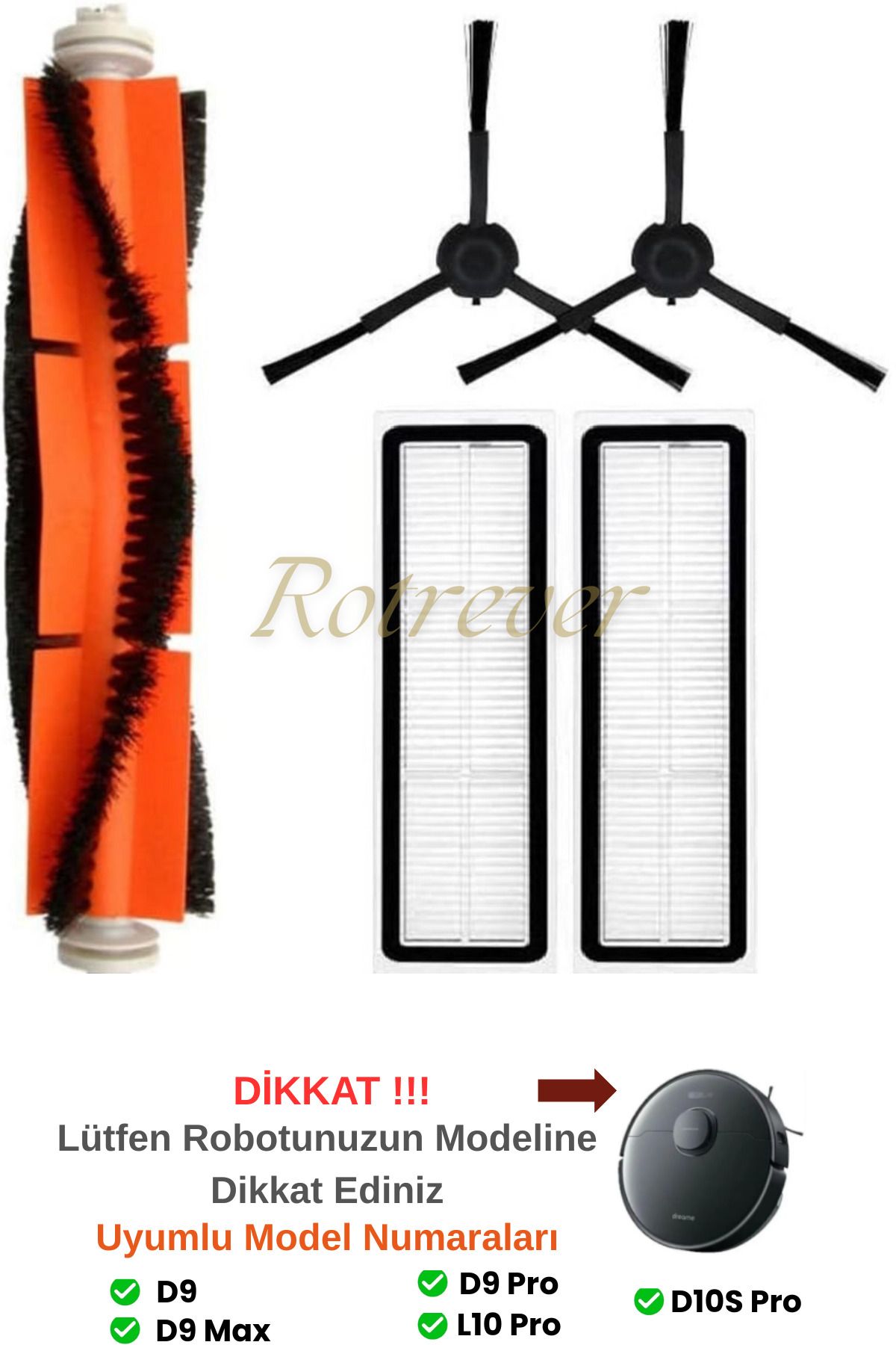 RotRever Dreame Bot L10 Pro (L10S PRO DEĞİL) Uyumlu Hepa Filtre,Fırça Yedek Parça Seti-Siyah 5 Parça