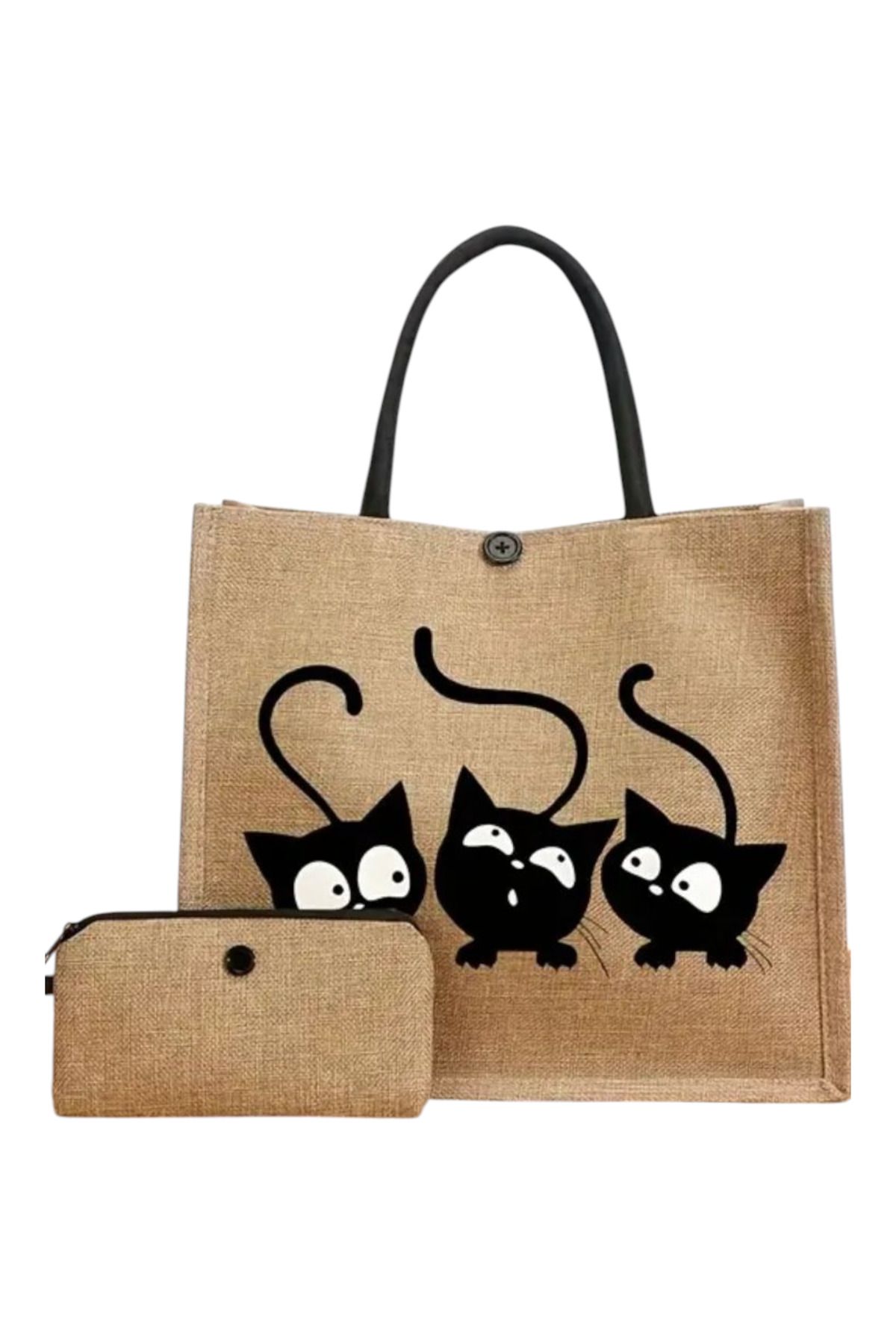 ORGANICYOU BAODING Vintage Kedi Baskılı Tote Çanta Seti Mini Bozuk Para Cüzdanı ile