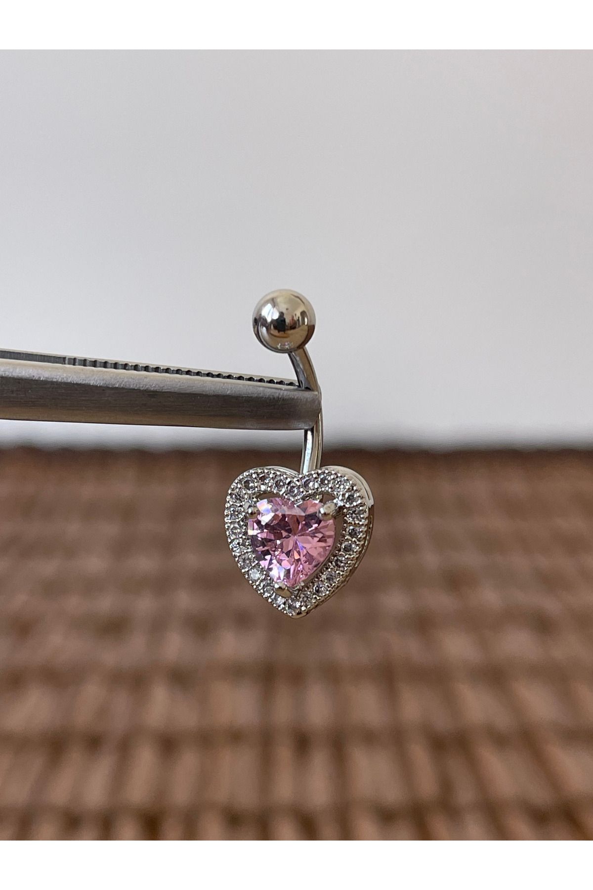 Rupen Kraft 316 L Cerrahi Çelik Anti Alerjik 10 mm Pembe Baget Taşlı Kalp Model Göbek Piercingi