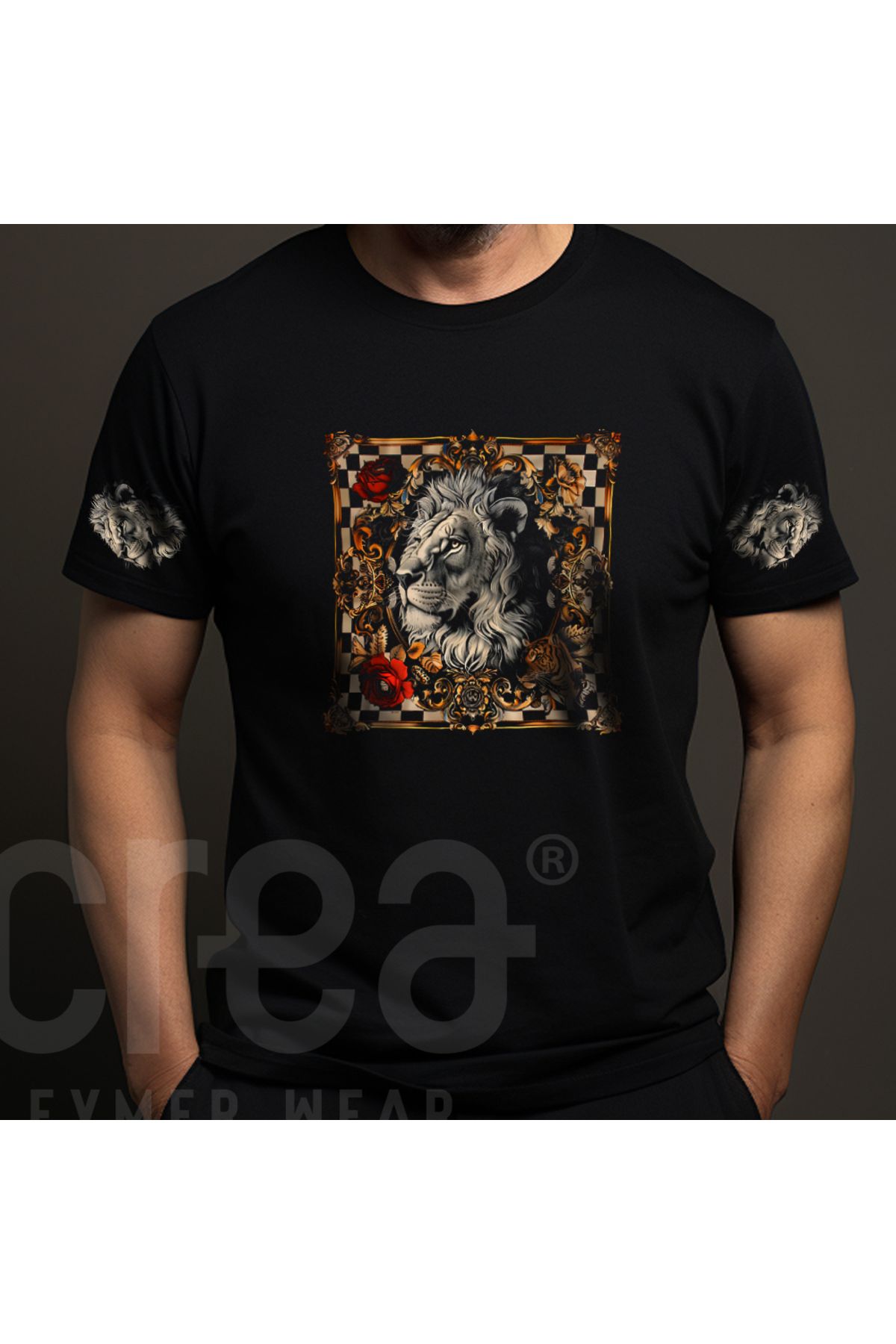 Crea Eymer Wear Aslan Leina Tasarımlı Dijital Baskılı Pamuklu Bisiklet Yaka Tişört Siyah - Black