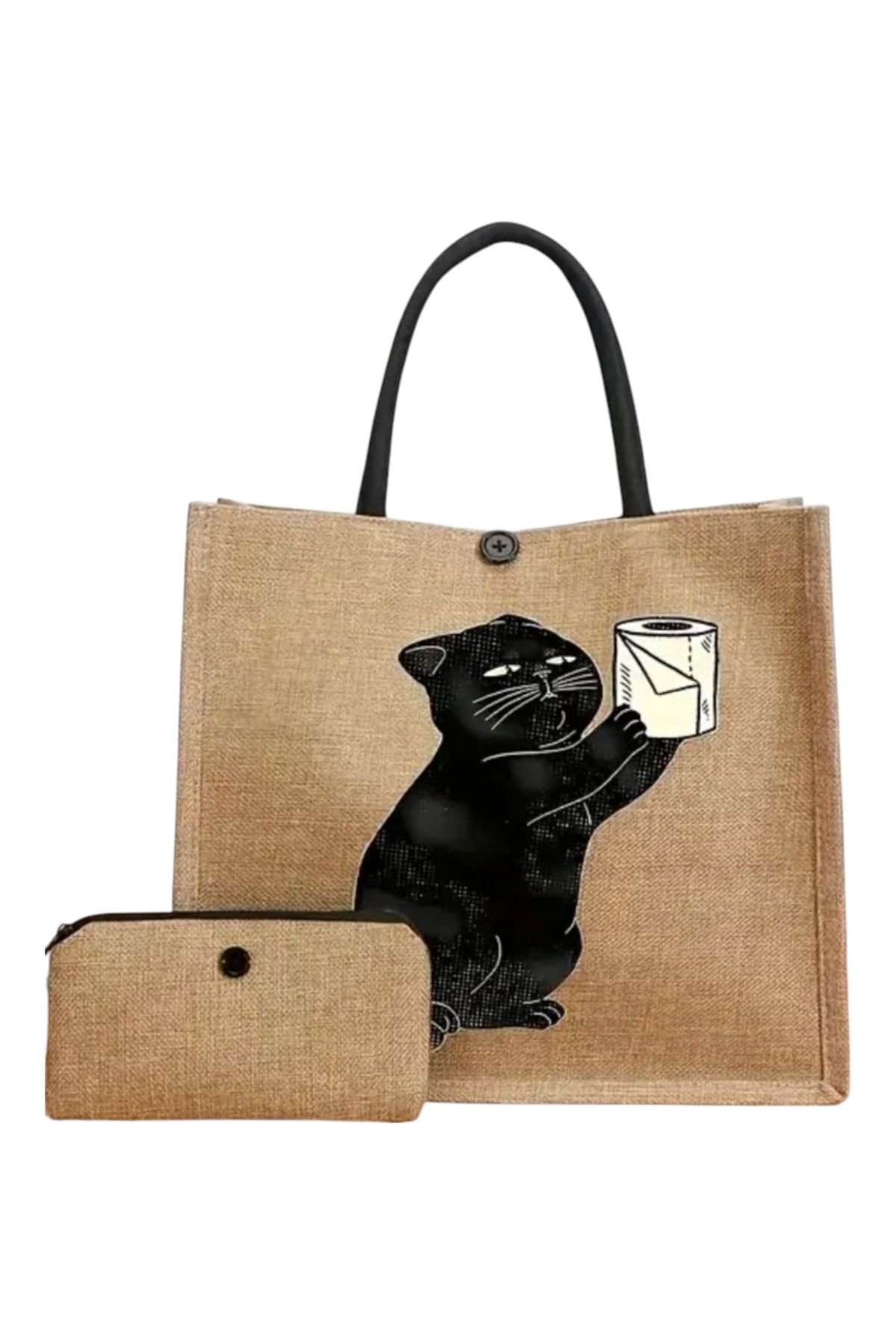 ORGANICYOU BAODING Vintage Kedi Baskılı Tote Çanta Seti Mini Bozuk Para Cüzdanı ile