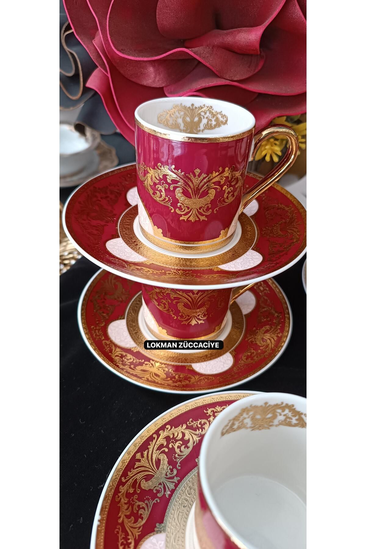 LOKMAN ZÜCCACİYE BOVARİA GERMANY HAND MADE 24K FIRÇA ALTIN EL İŞLEME KAHVE FİNCAN TAKIMI 90 ML (MODEL 3)