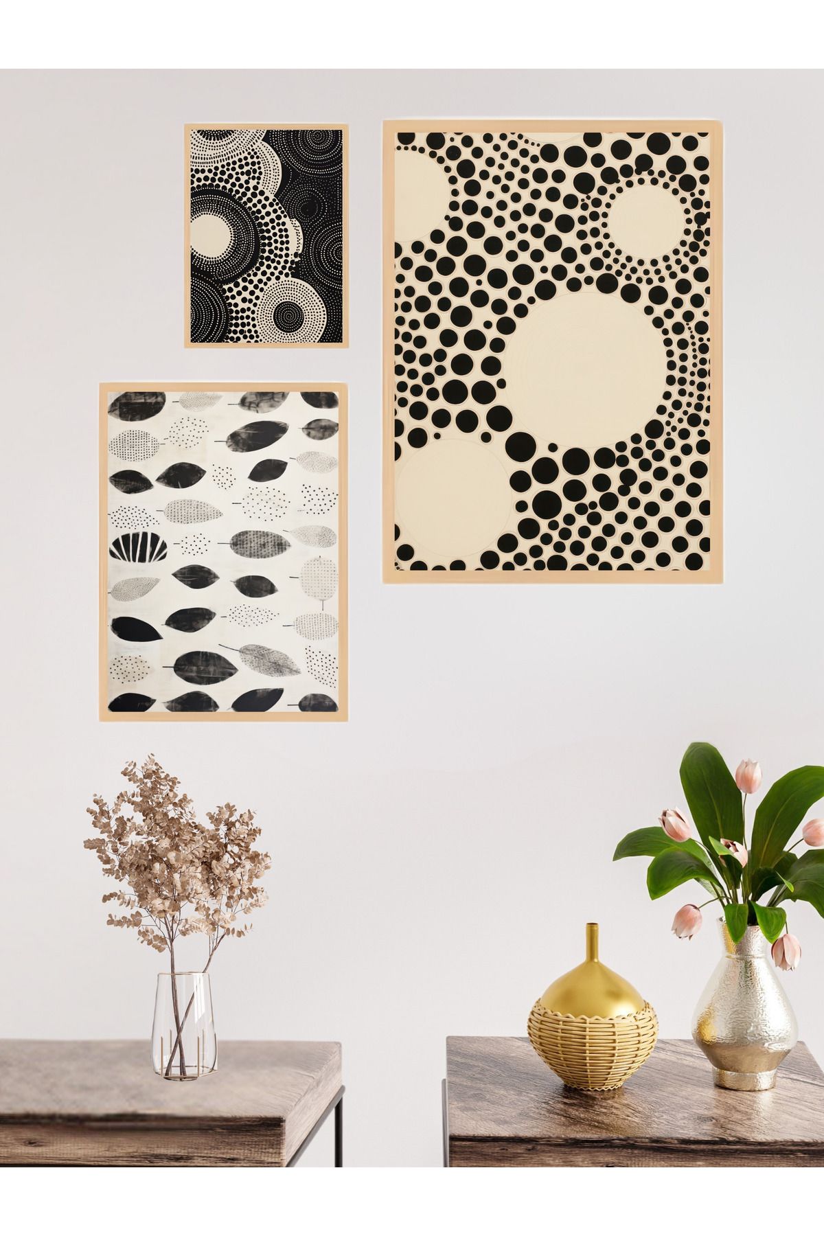 woodhomeworks 3'lü Set Doğal Ahşap çerçeveli tablo seti