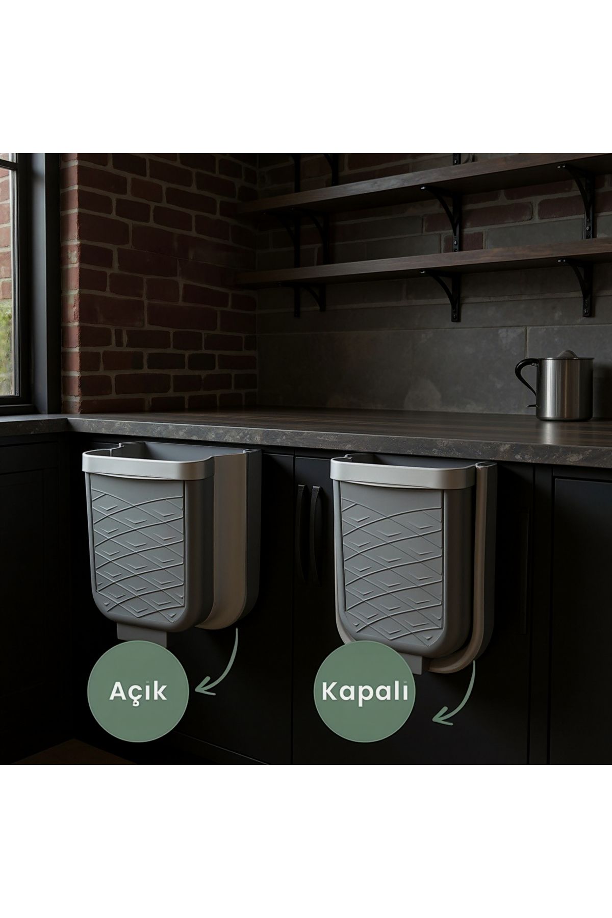Justyol Katlanabilir Akordiyon Askılı Çöp Kovası – Dolap İçi/Dışı, Mutfak ve Banyo için Tezgahüstü Kullanım