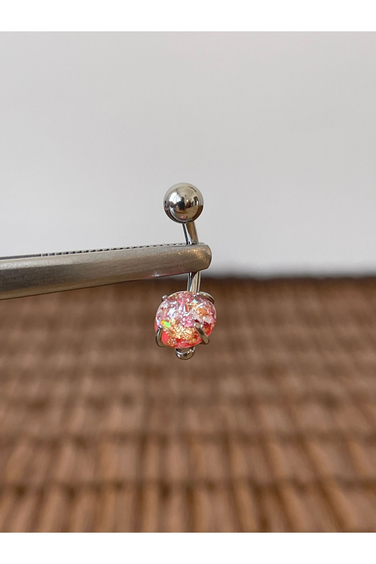 Rupen Kraft 316 L Cerrahi Çelik Anti Alerjik 10 mm Pembe Opal Taşlı Göbek Piercingi