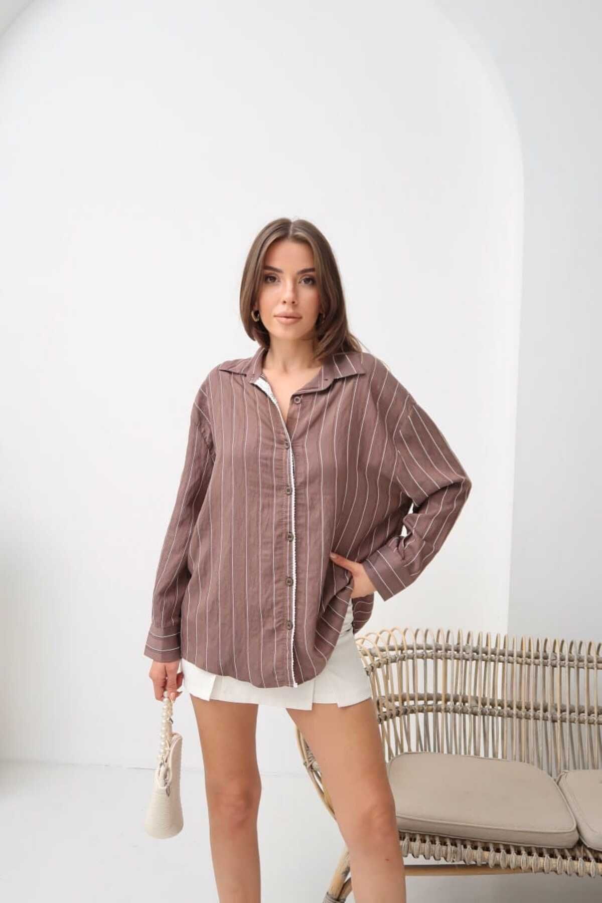 DAFFODİL Dokuma Modal Çizgili Dantel İşlemeli Oversize Gömlek