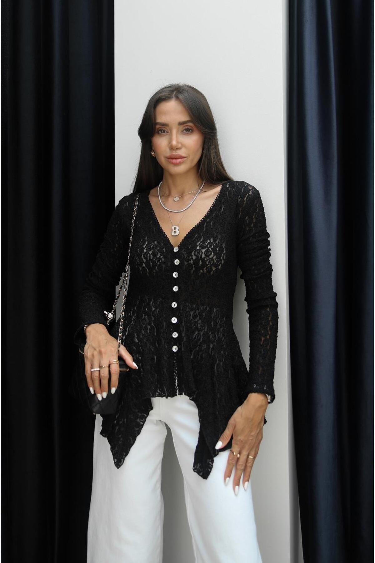 Havoş Siyah Peplum Dantel Hırka