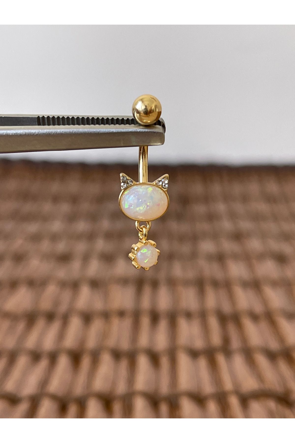 Rupen Kraft 316 L Cerrahi Çelik Anti Alerjik 10 mm Opal Taşlı Sallantılı Kedi Model Göbek Piercingi Opal