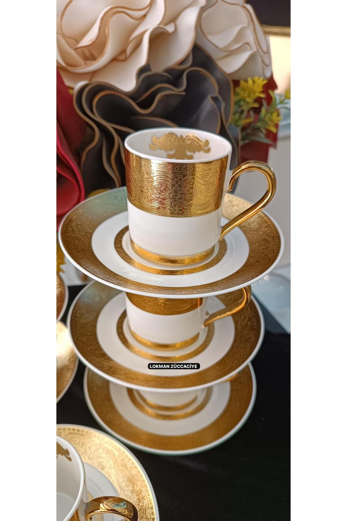 LOKMAN ZÜCCACİYE BOVARİA GERMANY HAND MADE 24K FIRÇA ALTIN EL İŞLEME KAHVE FİNCAN TAKIMI 90 ML (MODEL 5)