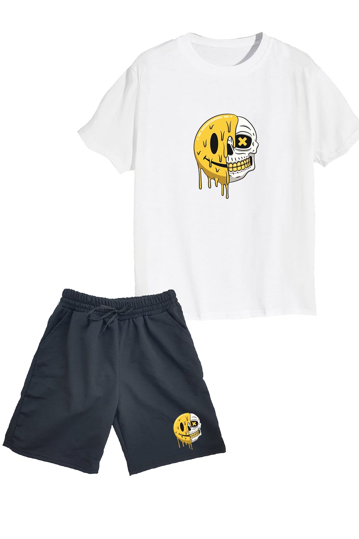 makiteks Pamuk 2'li Set Düz Renk Erkek Kadın Unisex Regular Şort ve Tshirt Tişört Sarı Smile Pain