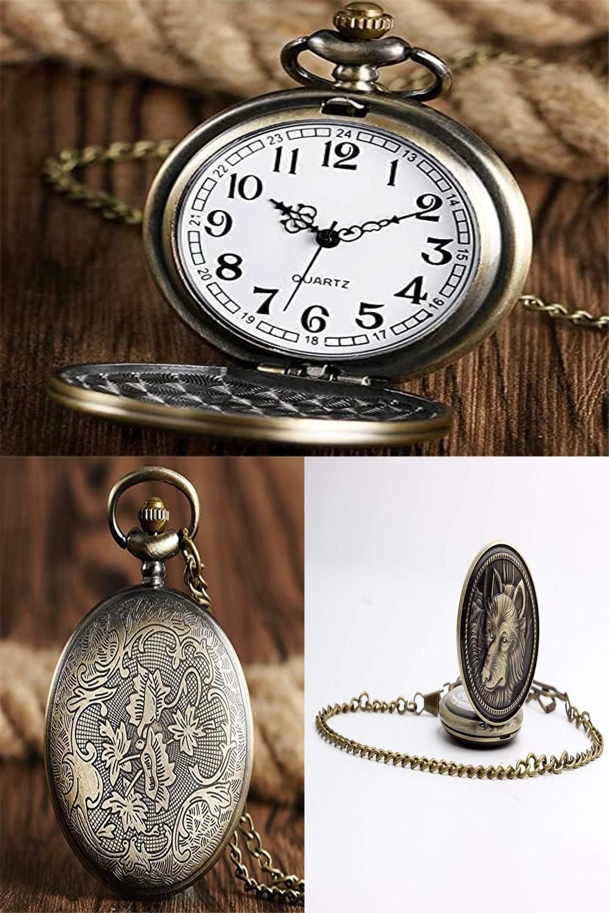 Midday Kurt Figürlü Köstekli Vintage Cep Saati – Zincirli, Quartz Mekanizma, Nostaljik Erkek Aksesuarı