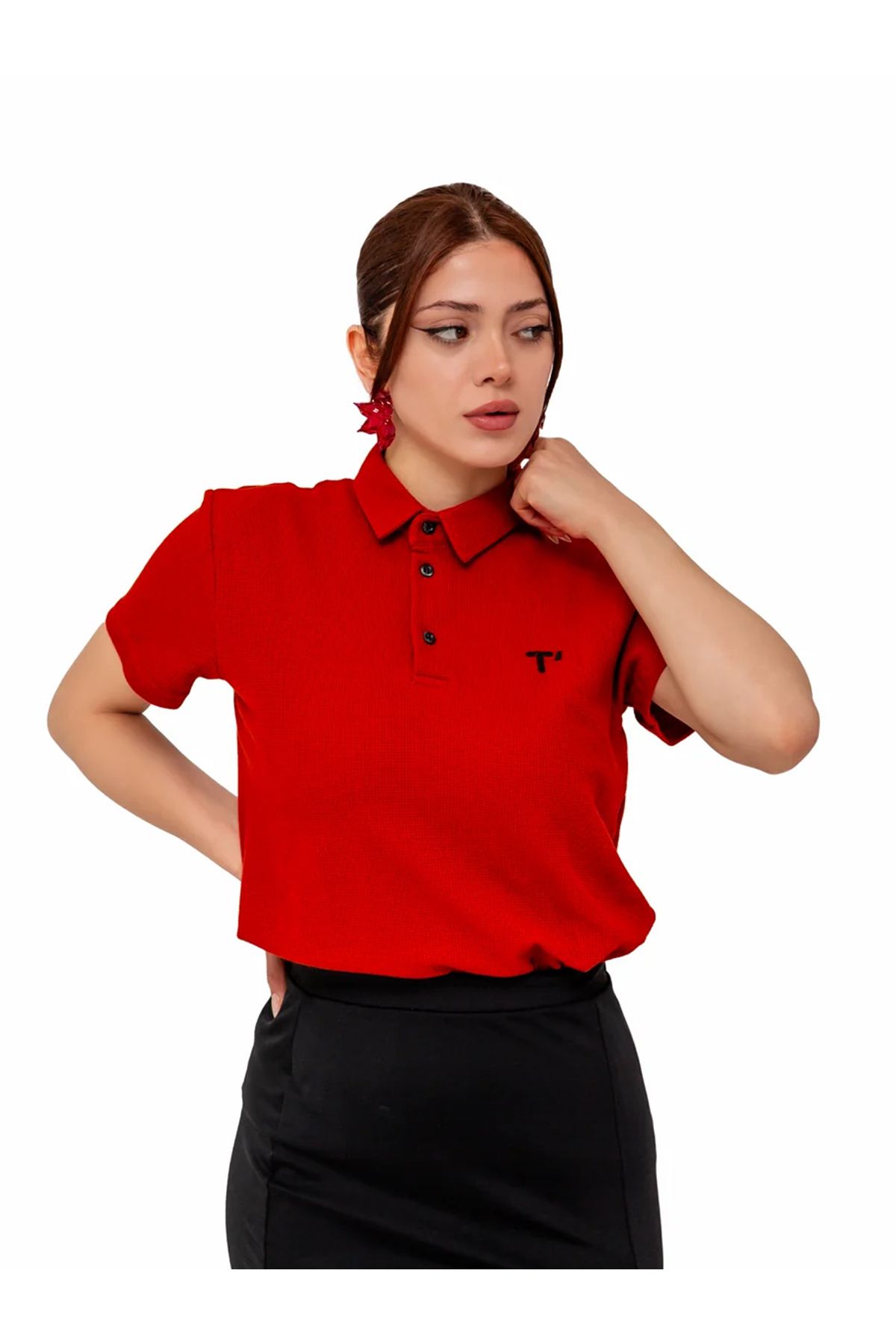 TOMVES ZERA Kadın Kısa Kol Düğmeli Waffle Kumaş T-Shirt