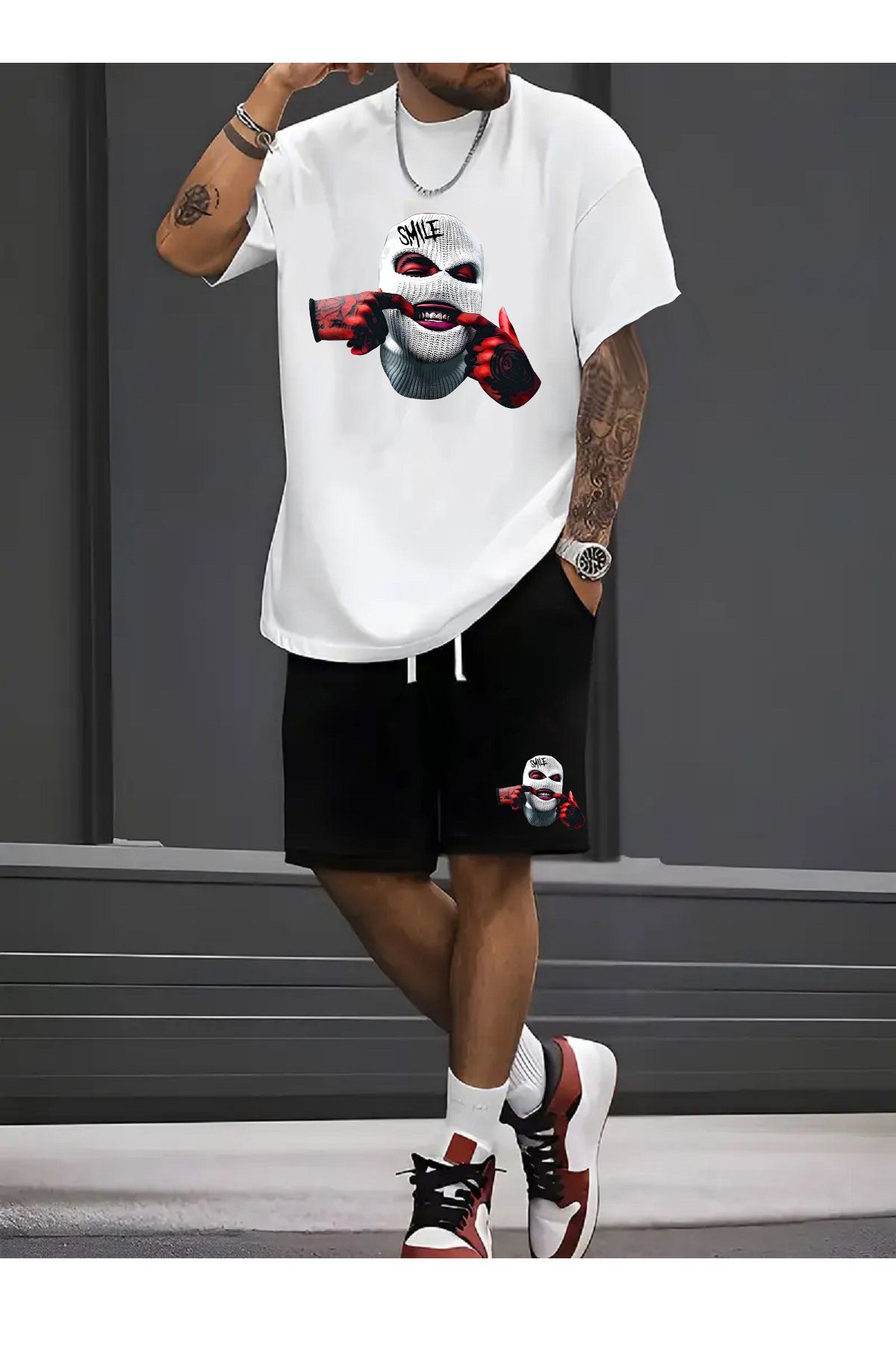 makiteks-Set de 2 bumbac, culoare uni, bărbați, femei, unisex, pantaloni scurți și tricou Smileteeth 1