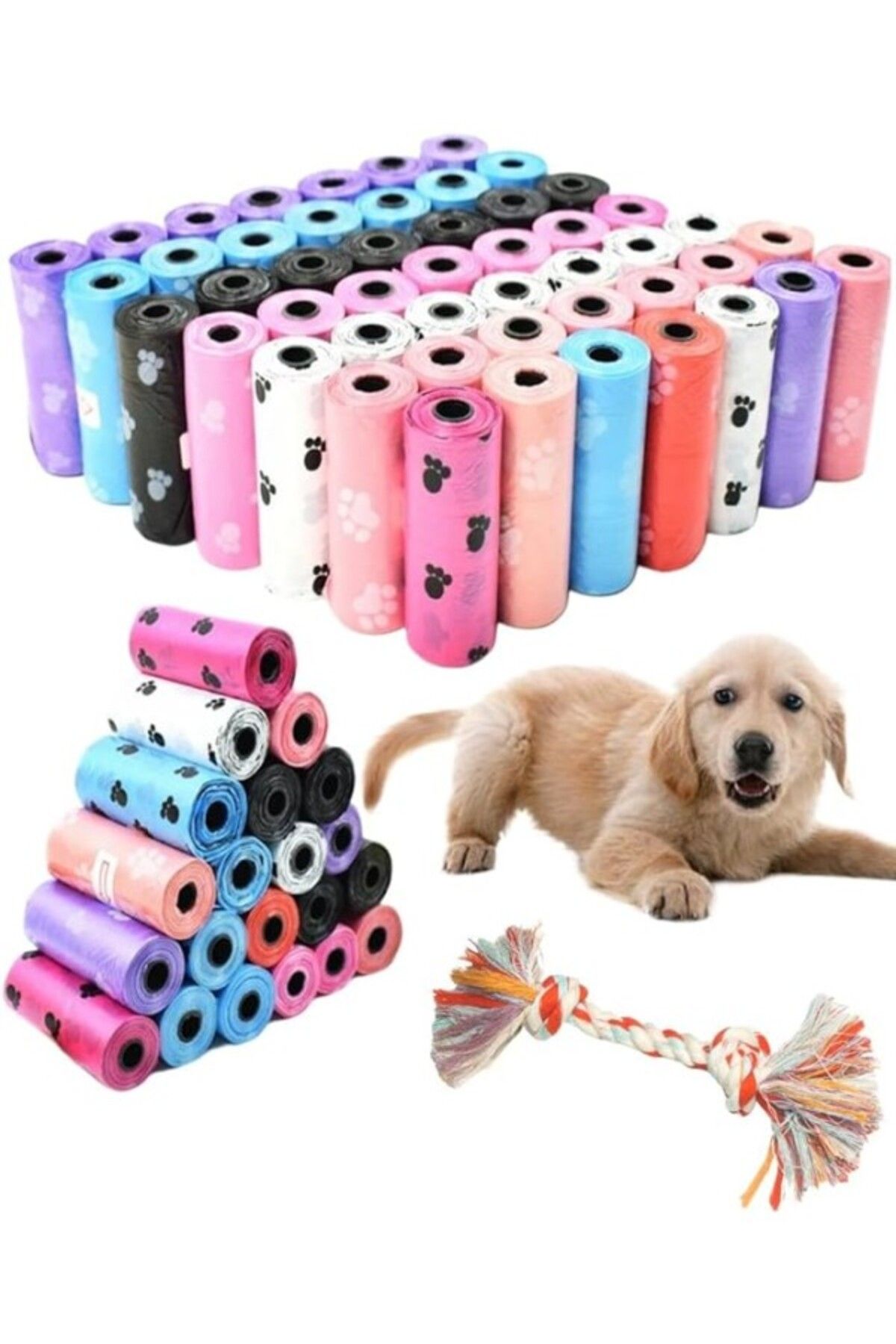 ShopZum Kyrotech Köpek Kaka Poşeti, 8 Rulo Kaka Torbası, Dental Pamuk Oyun Halatı Hediye, Kokusuz, Dışkı