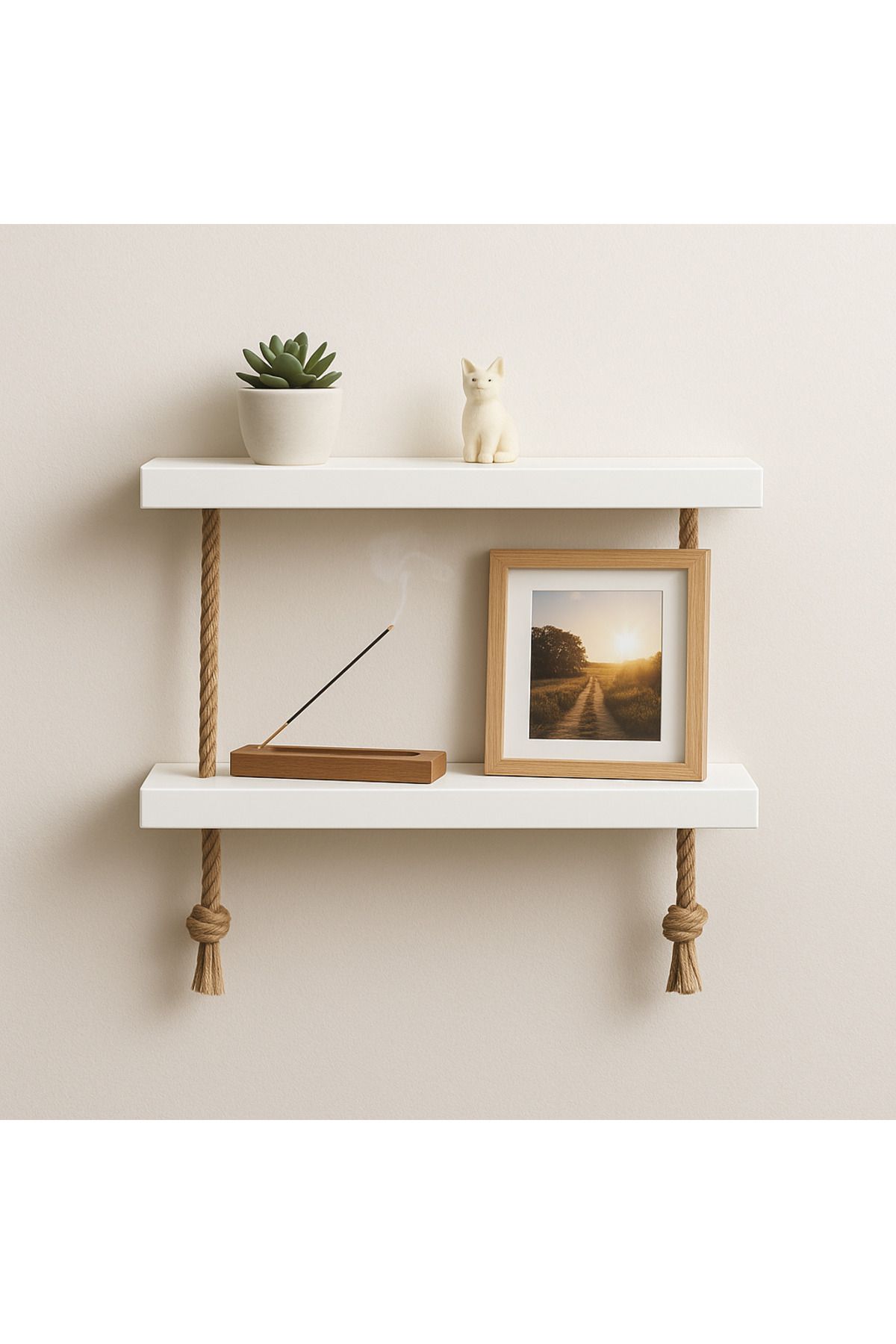 MARMAWOOD Jüt İpli 2 Katlı Duvar Rafı – Beyaz MDF Dekoratif Raf-30*13 cm
