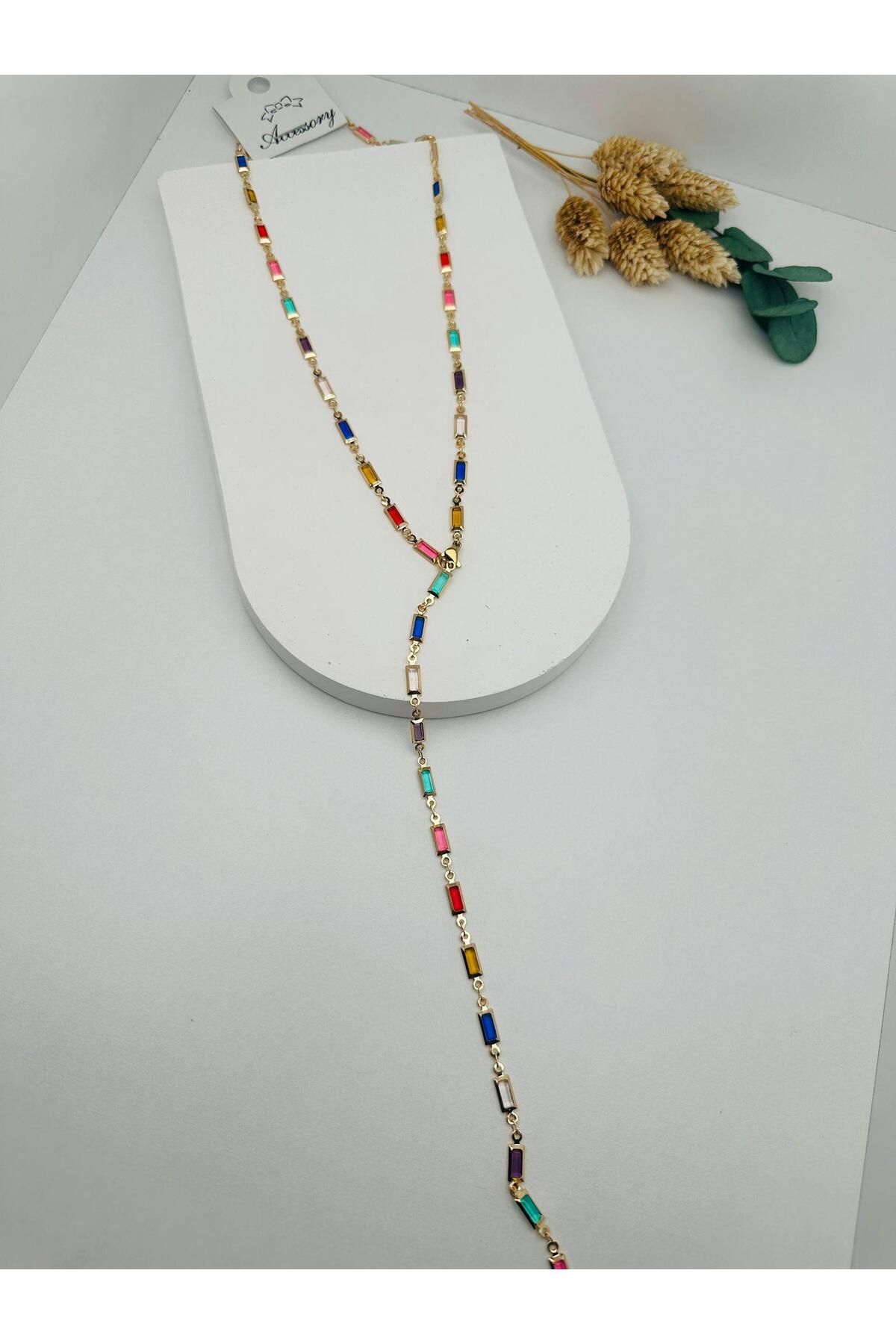 Pİ GLOBAL 60 Cm Renkli Taşlı Tasarım Bijuteri Y Kolye (GOLD) 010700