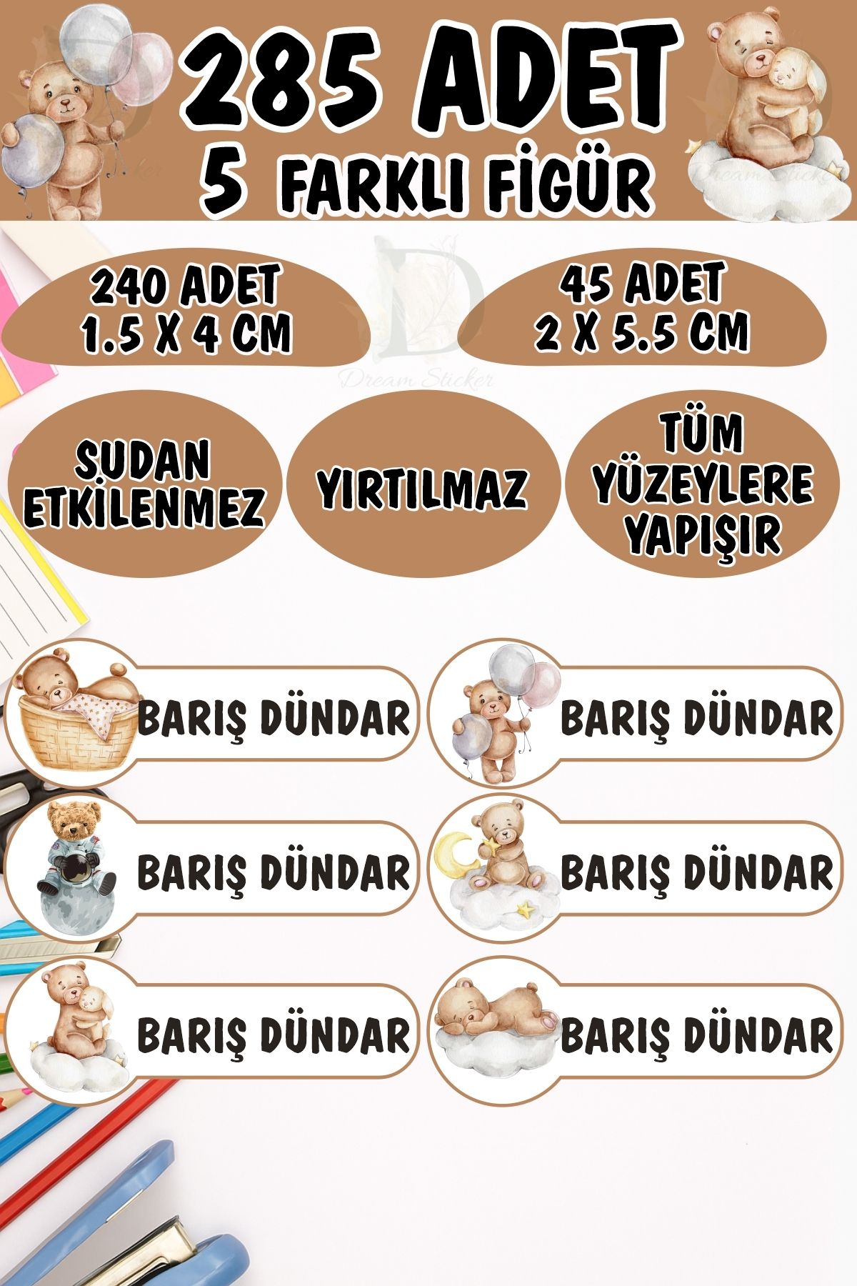 KT Decor Okul Etiketi Kalem Defter Etiketi Sevimli Ayıcıklar Özel Isimli Etiket 6 Figür - 285 Adet