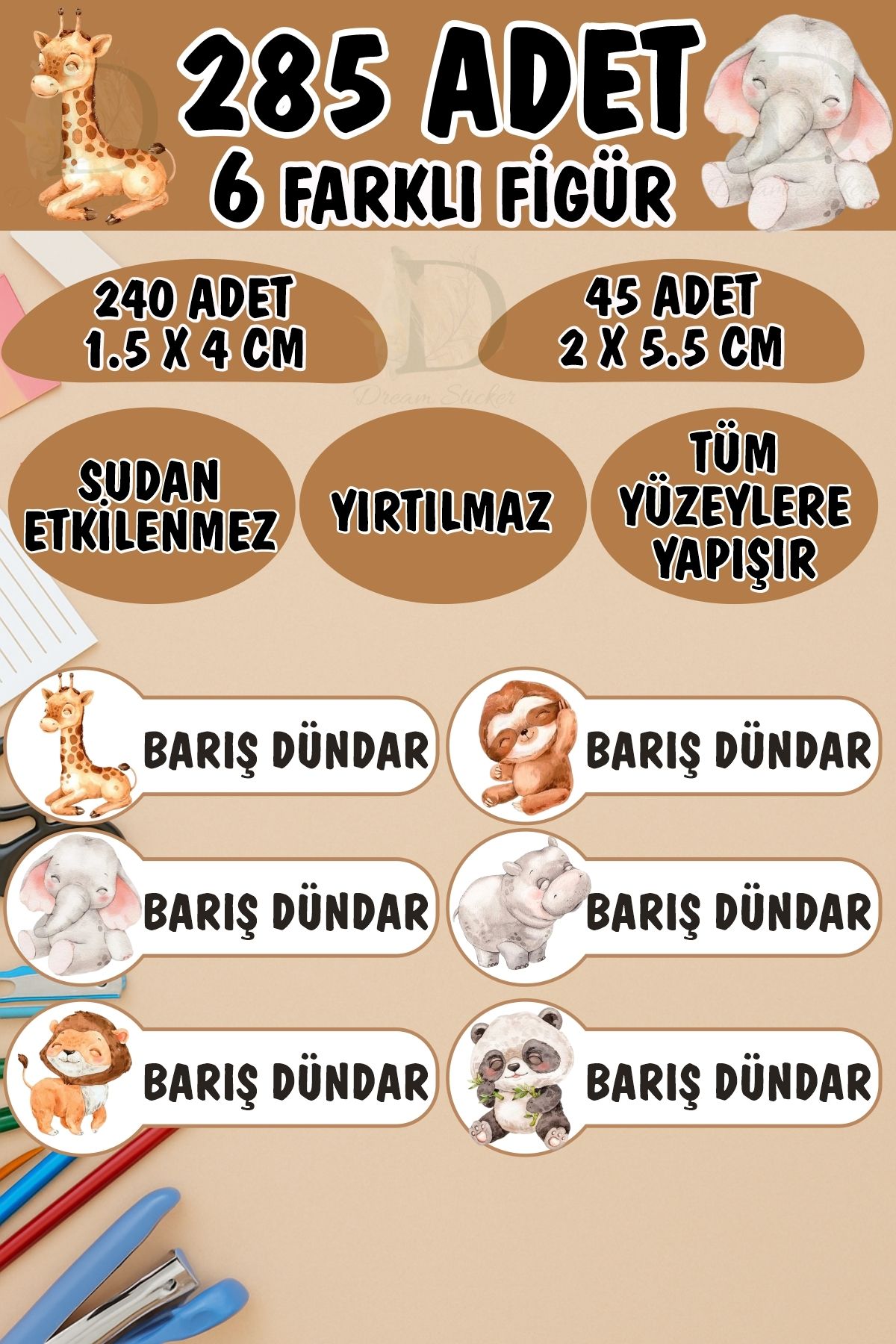 KT Decor Okul Etiketi Kalem Defter Etiketi Minik Safari Hayvanları Özel Isimli Etiket 6 Figür - 285 Adet