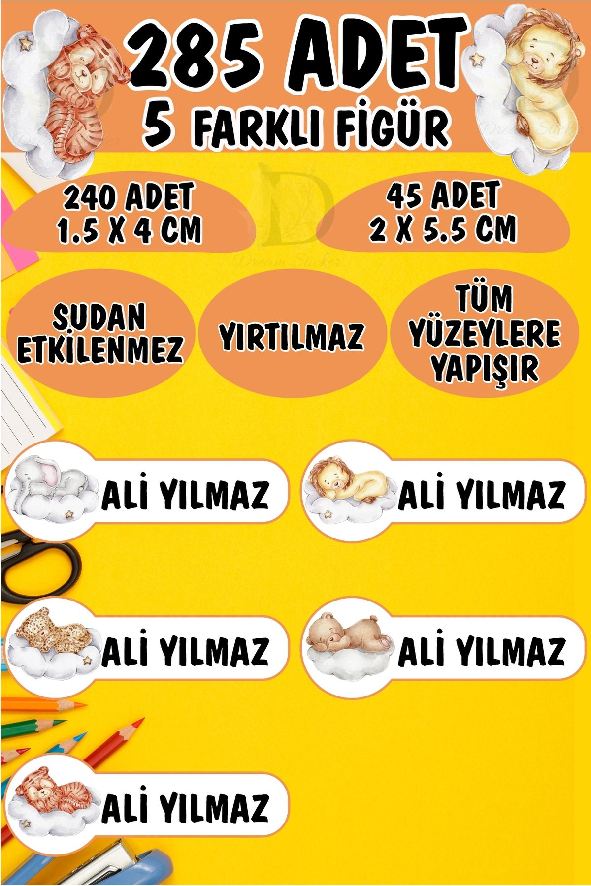 KT Decor Okul Etiketi Kalem Defter Etiketi Uyuyan Sevimli hayvanlar Özel Isimli Etiket 5 Figür - 285 Adet