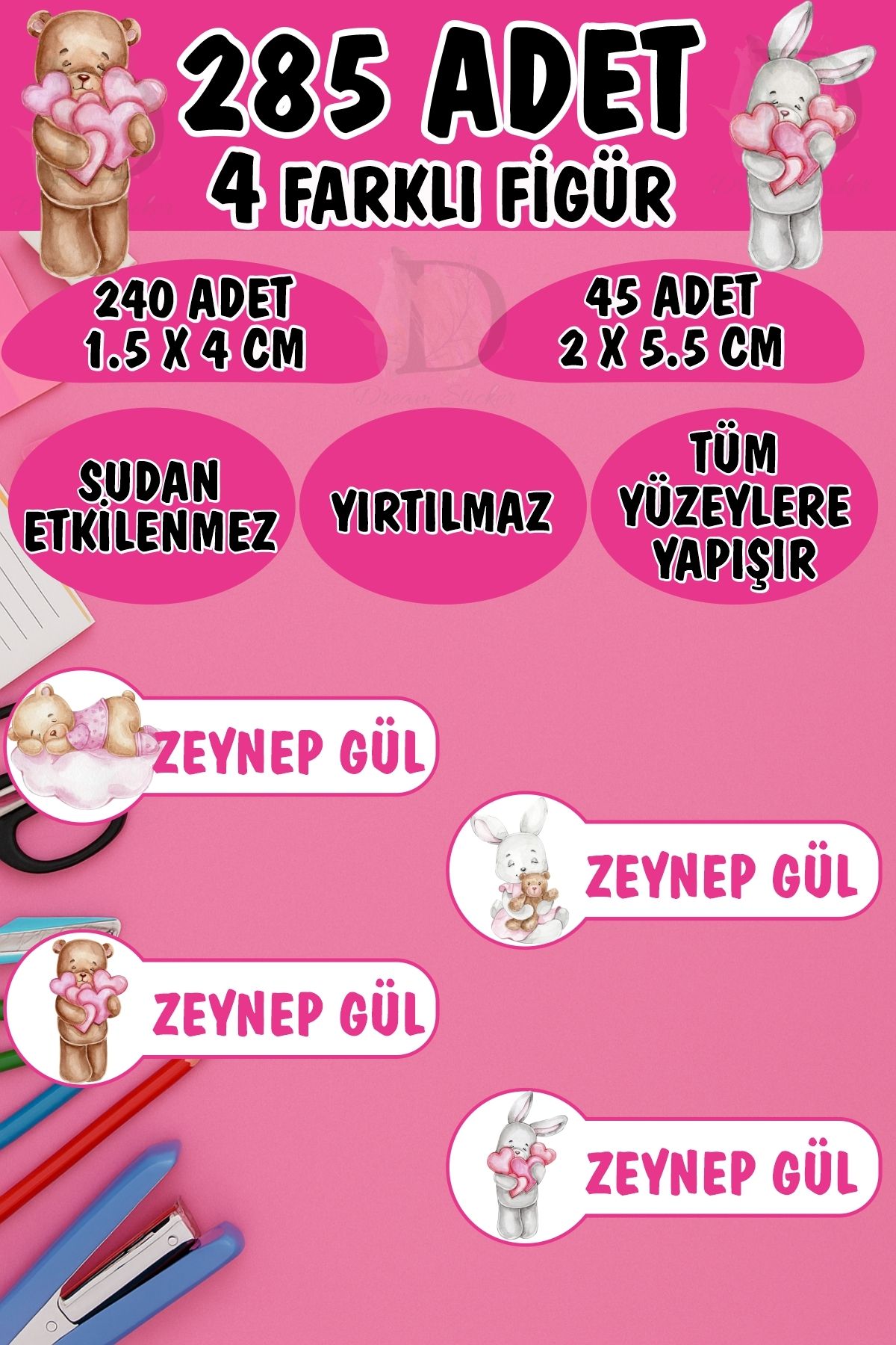 KT Decor Okul Etiketi Kalem Defter Etiketi Tavşancık ve Ayıcık Özel Isimli Etiket 4 Figür - 285 Adet