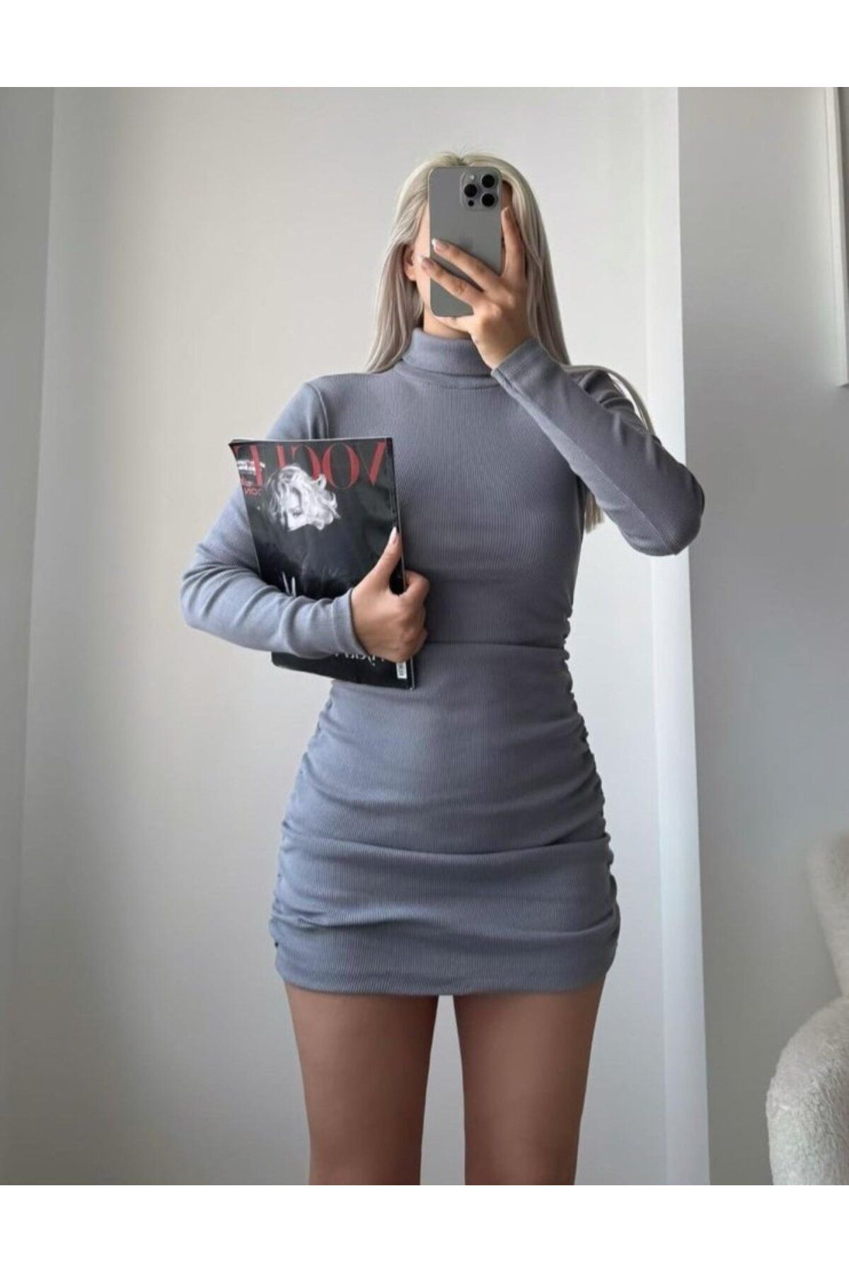 DEAG Kadın Uzun Kollu Balıkçı Yaka Büzgü Detay Kaşkorse Kumaş Mini Elbise