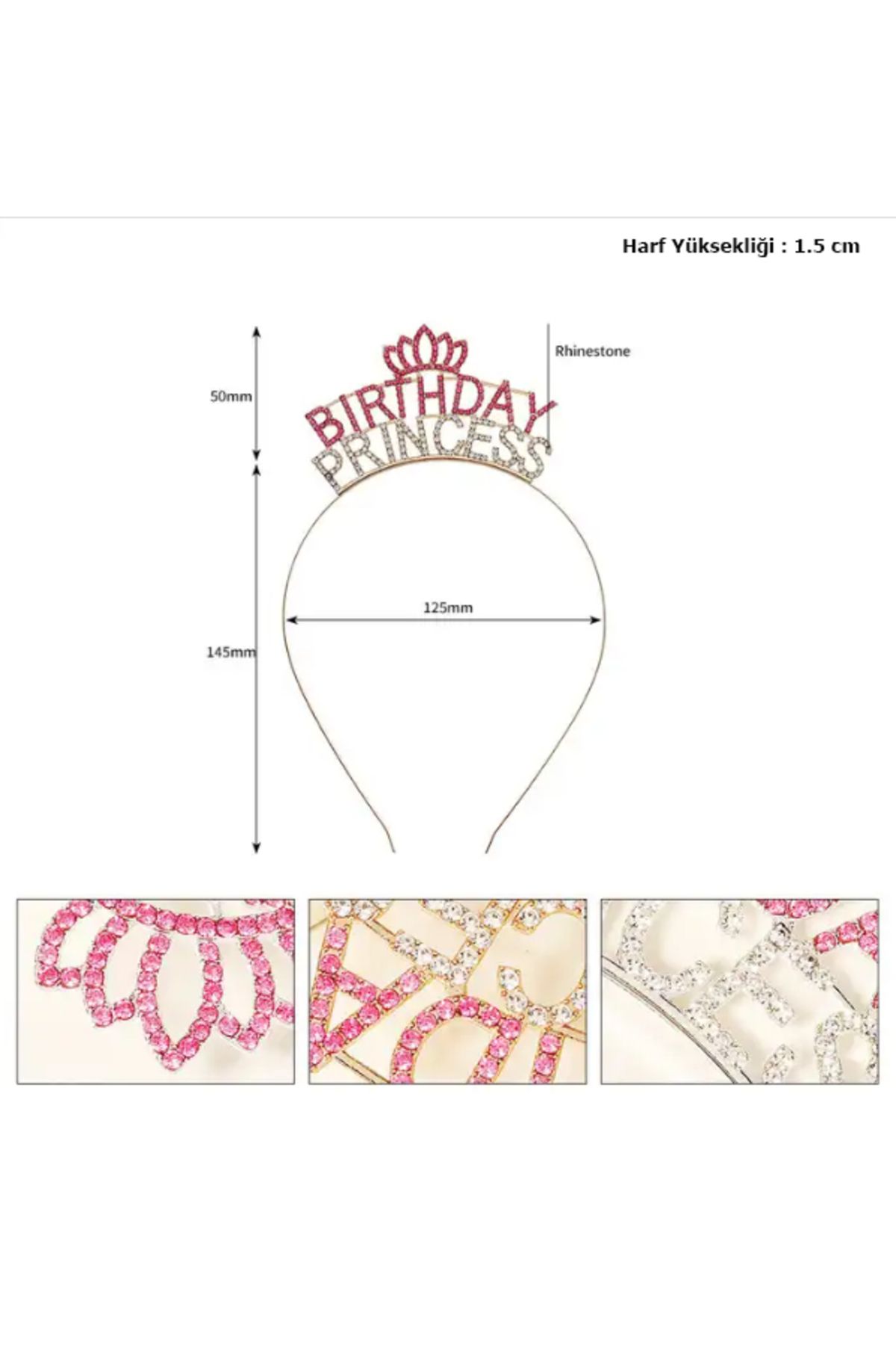 NEZADE STORE Kristal Taşlı Pembe Birthday Princess Yazılı Parti Tacı 19x11 cm