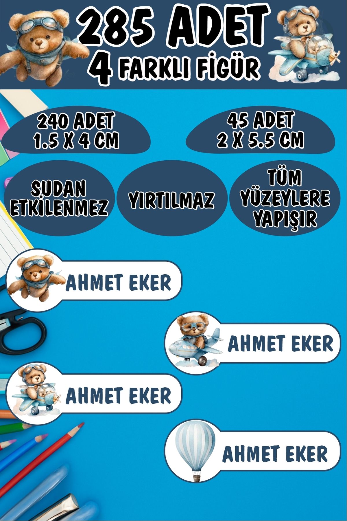 KT Decor Okul Etiketi Kalem Defter Etiketi Uçan Ayıcıklar Özel Isimli Etiket 4 Figür - 285 Adet