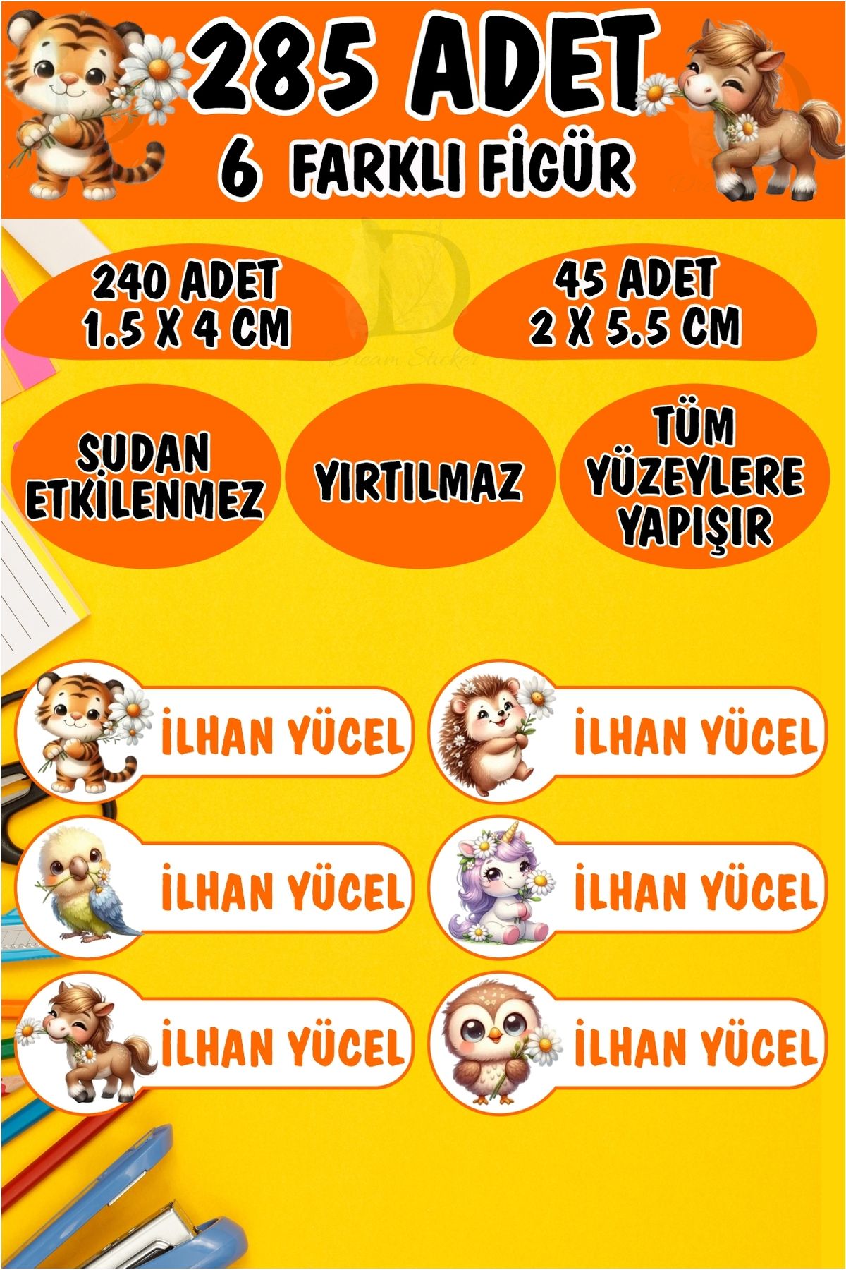 KT Decor Okul Etiketi Kalem Defter Etiketi Papatyalı Sevimli Hayvanlar Özel Isimli Etiket 6 Figür - 285 Adet