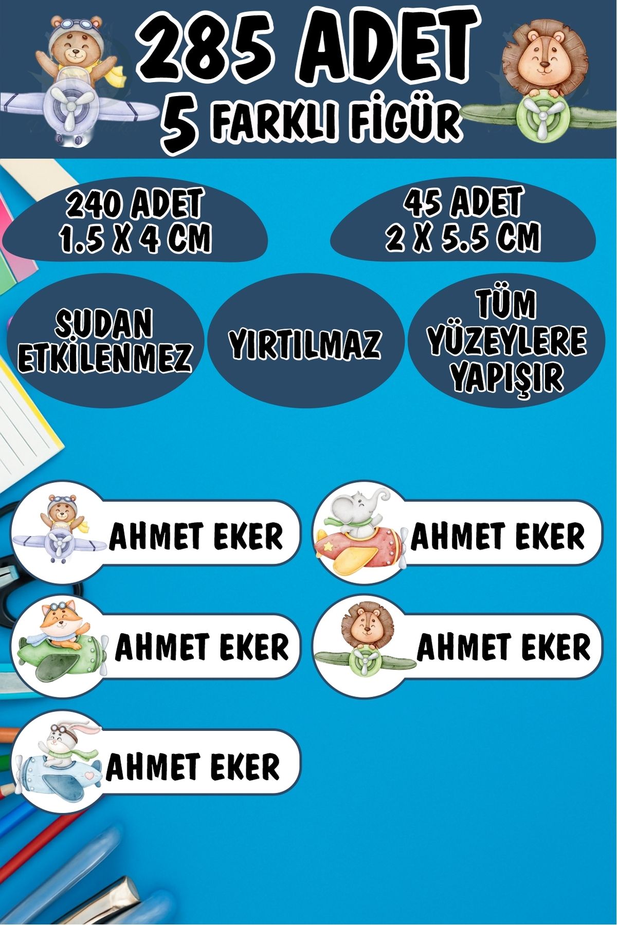 KT Decor Okul Etiketi Kalem Defter Etiketi Pilot Sevimli Hayvanlar Özel Isimli Etiket 5 Figür - 285 Adet