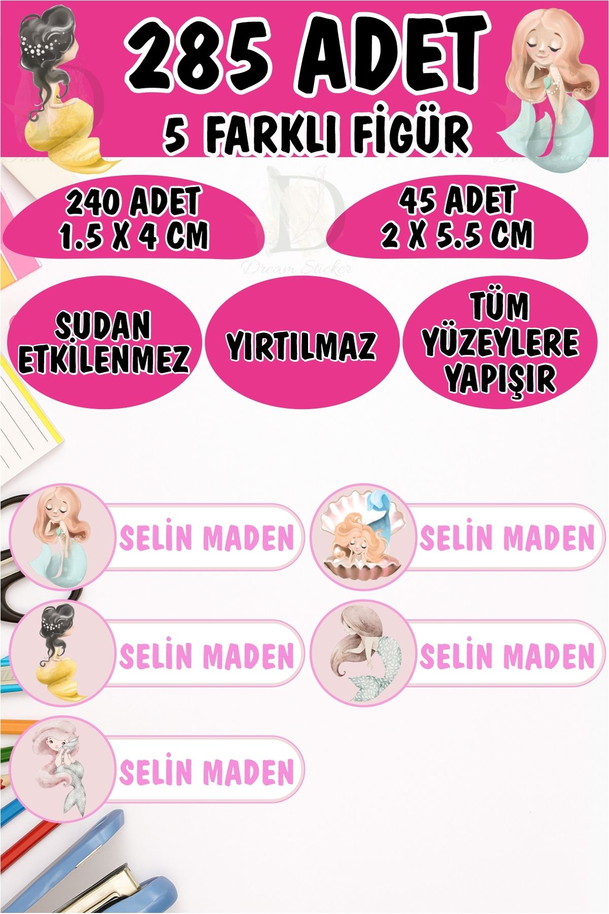 KT Decor Okul Etiketi Kalem Defter Etiketi Deniz Kızları Temalı Özel Isimli Etiket 5 Figür - 285 Adet